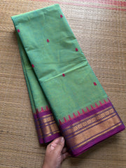 RF382 Dual tone Apple green with contrast purple combination small border Kanchi cotton saree with handmade thread buttas