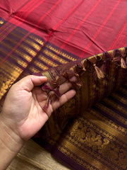 RF1038 Reddish maroon with brown ~ Silk Saree Inspired Varisaipet big / long border Kanchi cotton saree