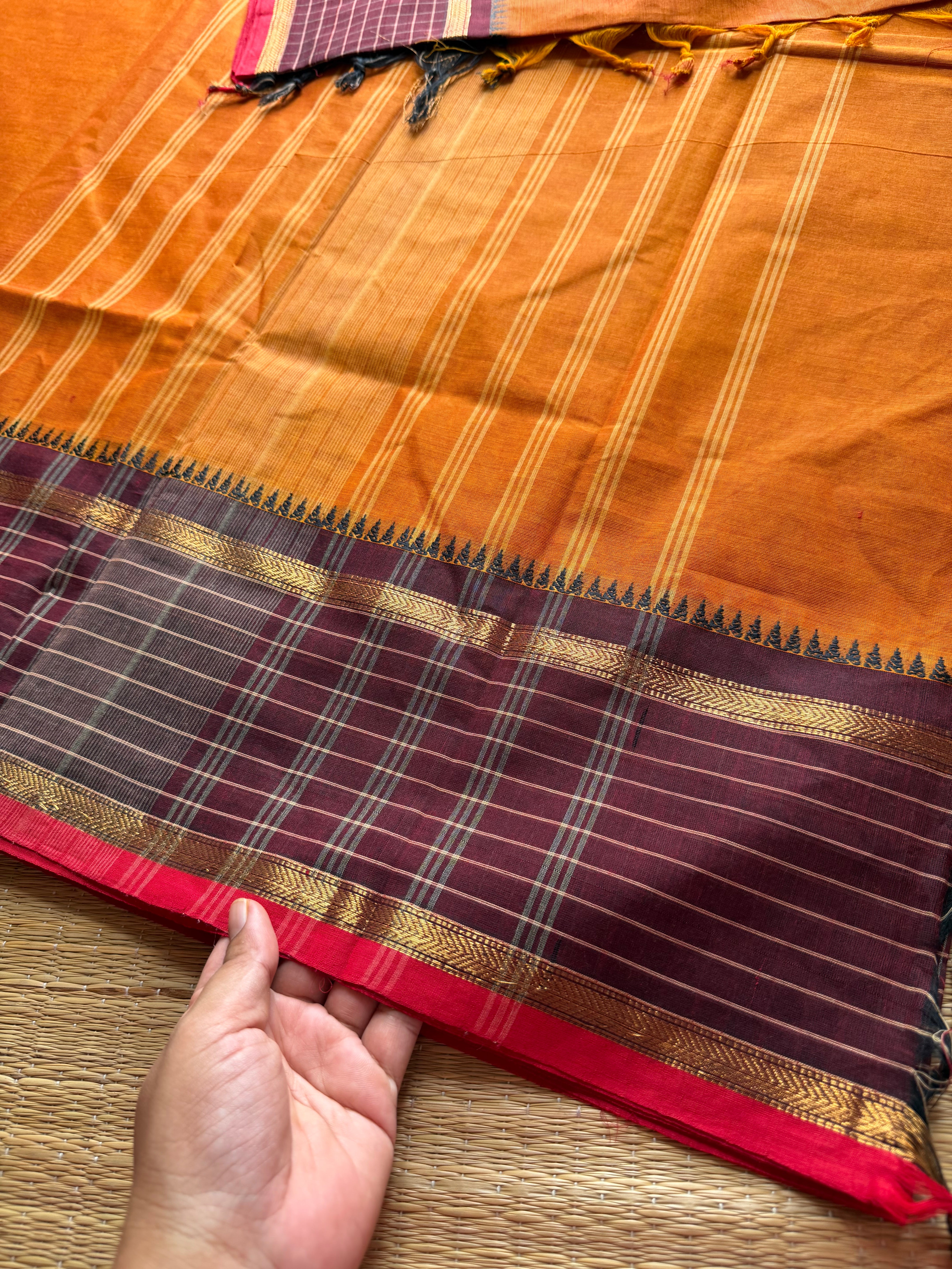 RF373 Orange with brown combination vintage border Kattam / checks pattern Kanchi cotton saree