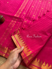 RF86 Classic Monotone Rani Pink Vaira Oosi Pattern Kanchi Cotton Saree small Premium Golden Zari Border