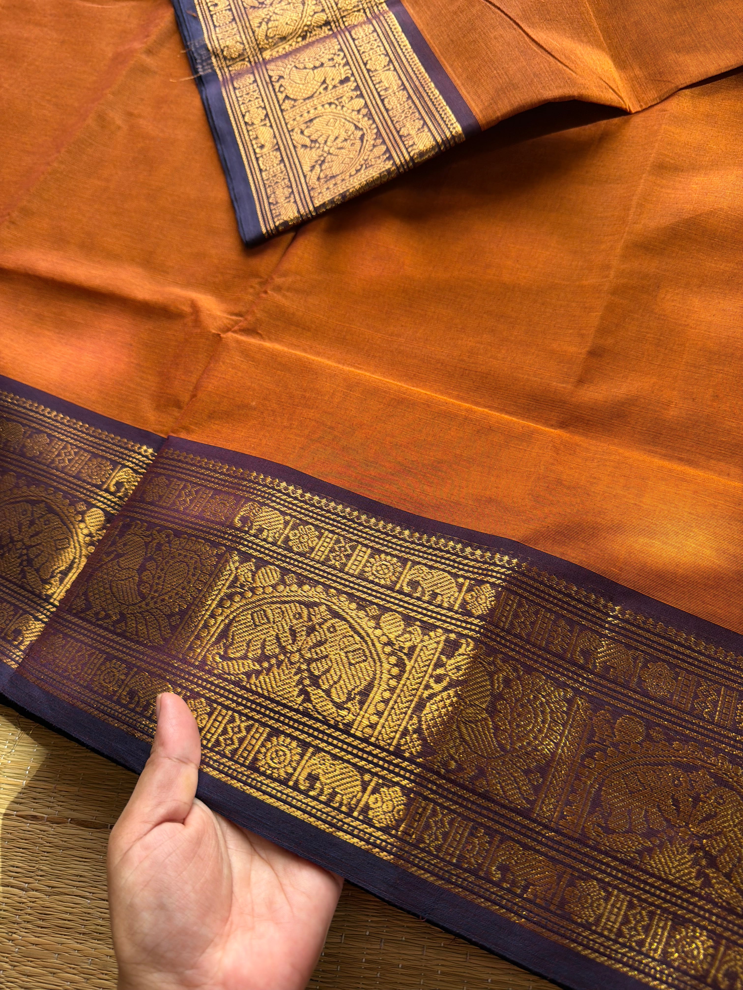 Rust orange shade Kanchi cotton saree with silk saree inspired Annam and elephant pattern border
