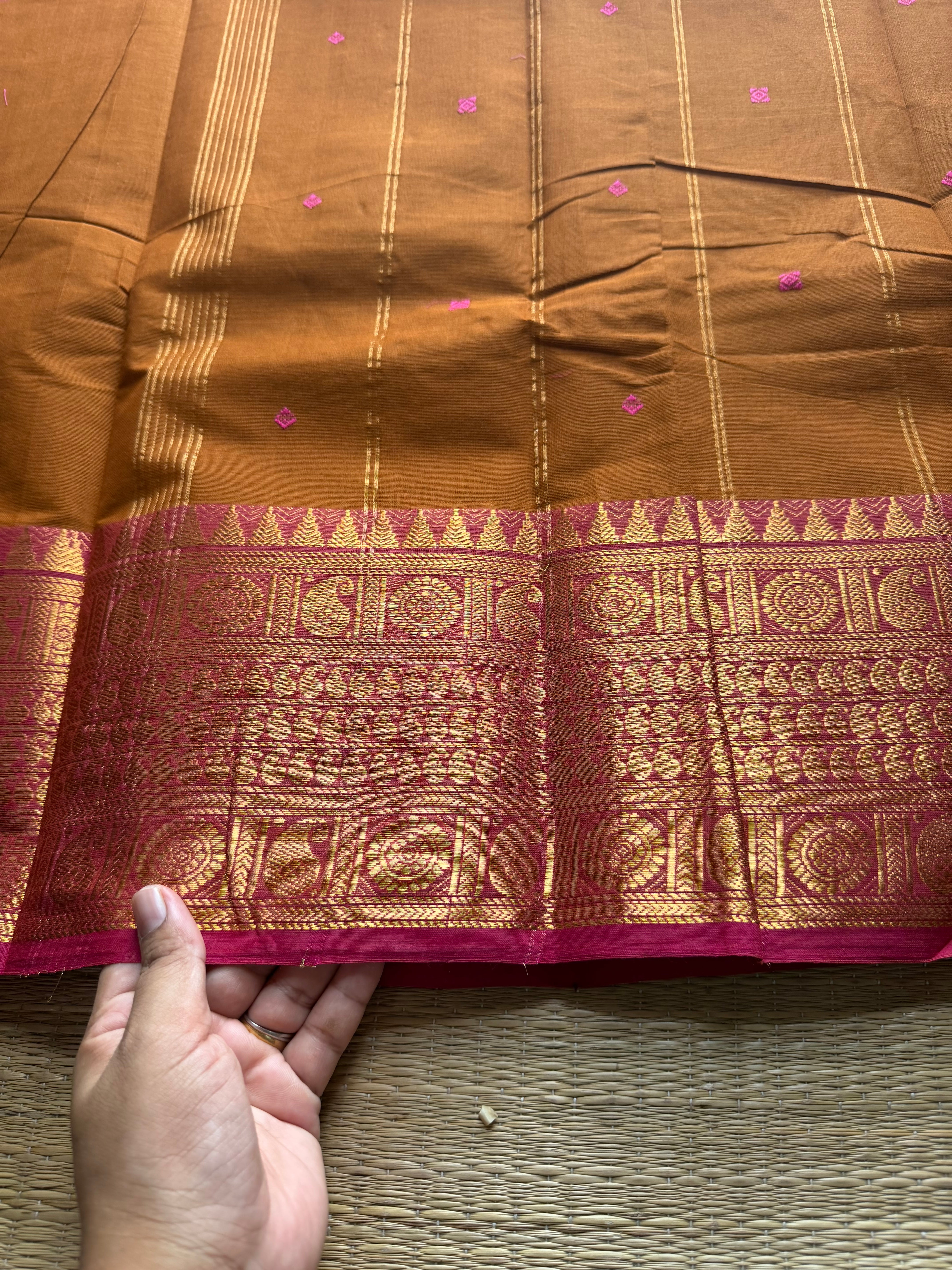 RF583 Rustic orange shade with pink combination mango pattern Kanchi cotton saree with handmade thread buttas
