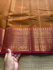 RF583 Rustic orange shade with pink combination mango pattern Kanchi cotton saree with handmade thread buttas