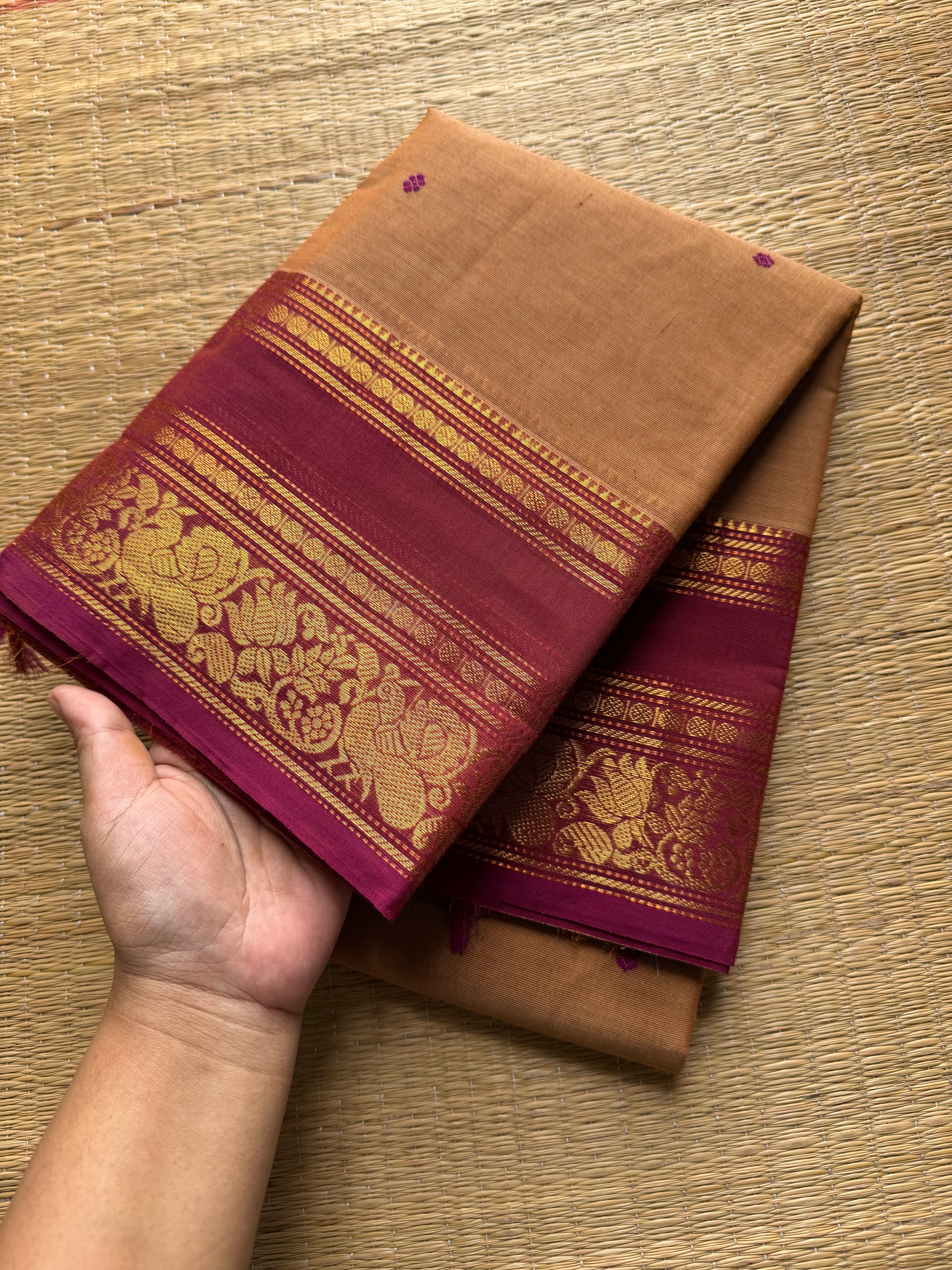 RF468 Sandal / beige with pink shade Kanchi cotton saree with silk saree inspired Annam and lotus border & handmade thread buttas