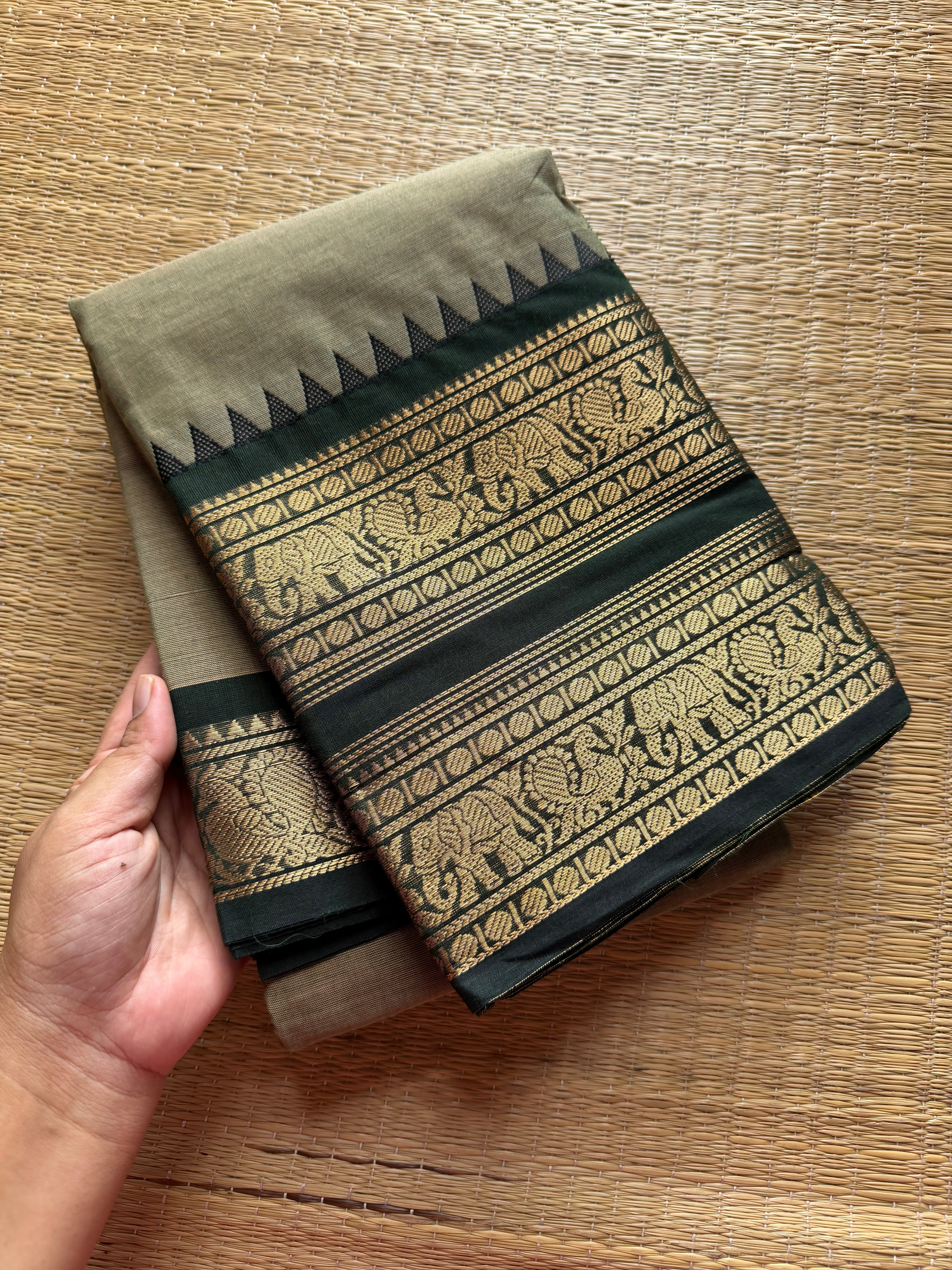 RF343 Grey with dark green combination Rettapet border Kanchi cotton saree