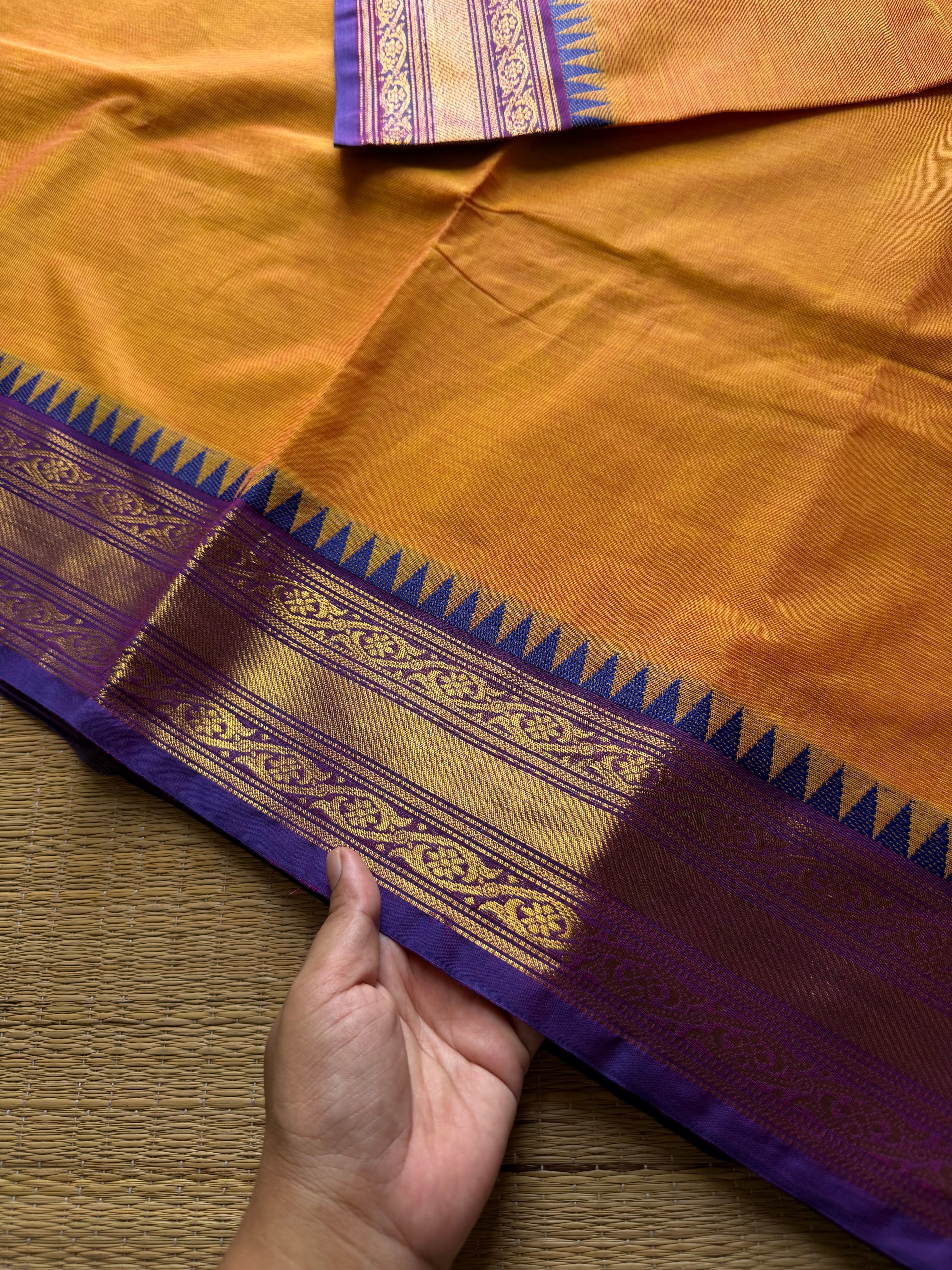 RF704 Mango shade with violet  ~ Medium Size Border Kanchi Cotton Saree