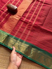 RF199 Maroon with contrast green shade traditional Korvai style border Kanchi cotton saree with vaira Oosi pattern