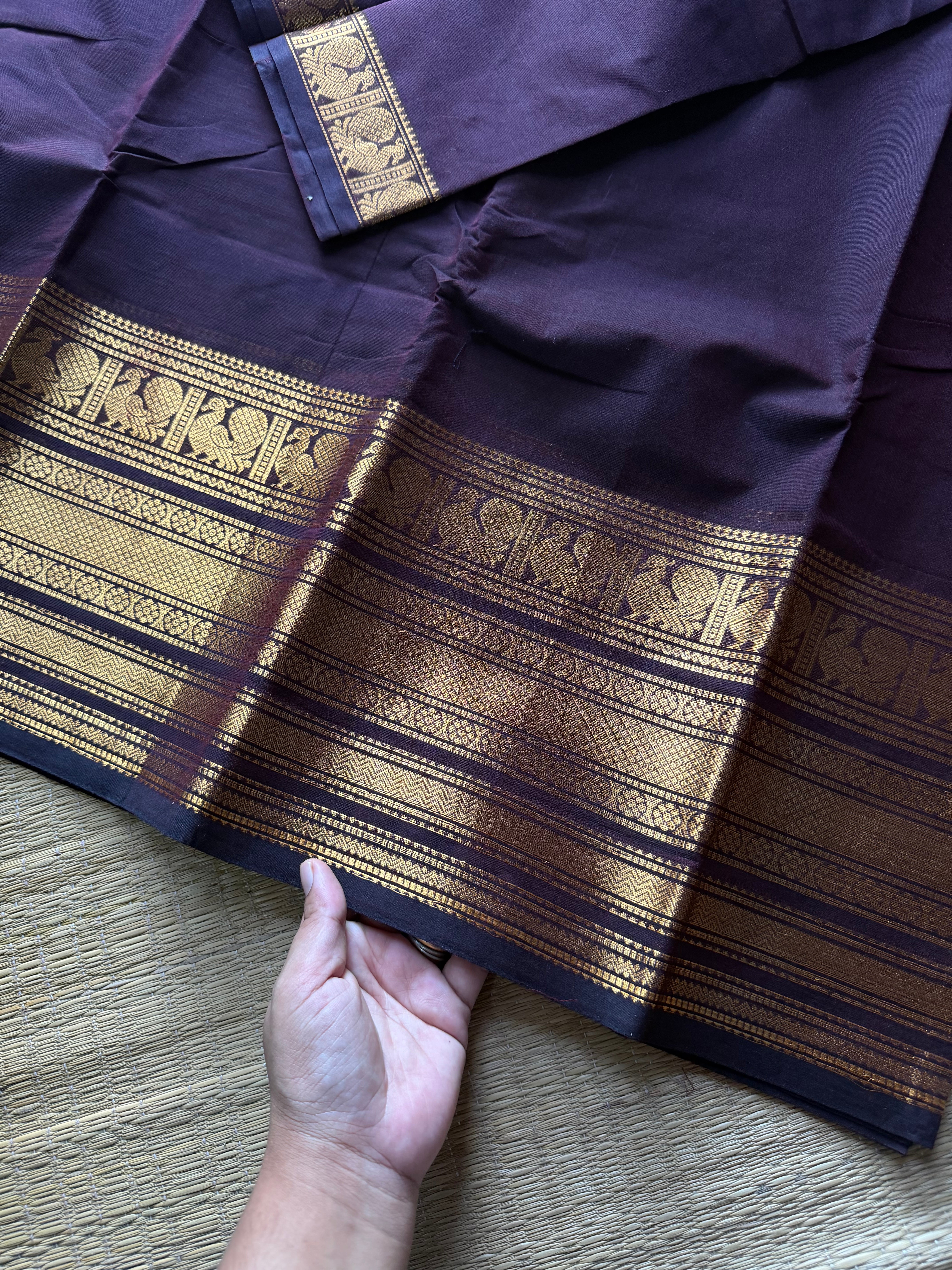 RF714 Silk saree inspired monotone deep coffee brown shade Kanchi cotton saree with Varisaipet golden Zari big / long border