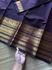 RF714 Silk saree inspired monotone deep coffee brown shade Kanchi cotton saree with Varisaipet golden Zari big / long border