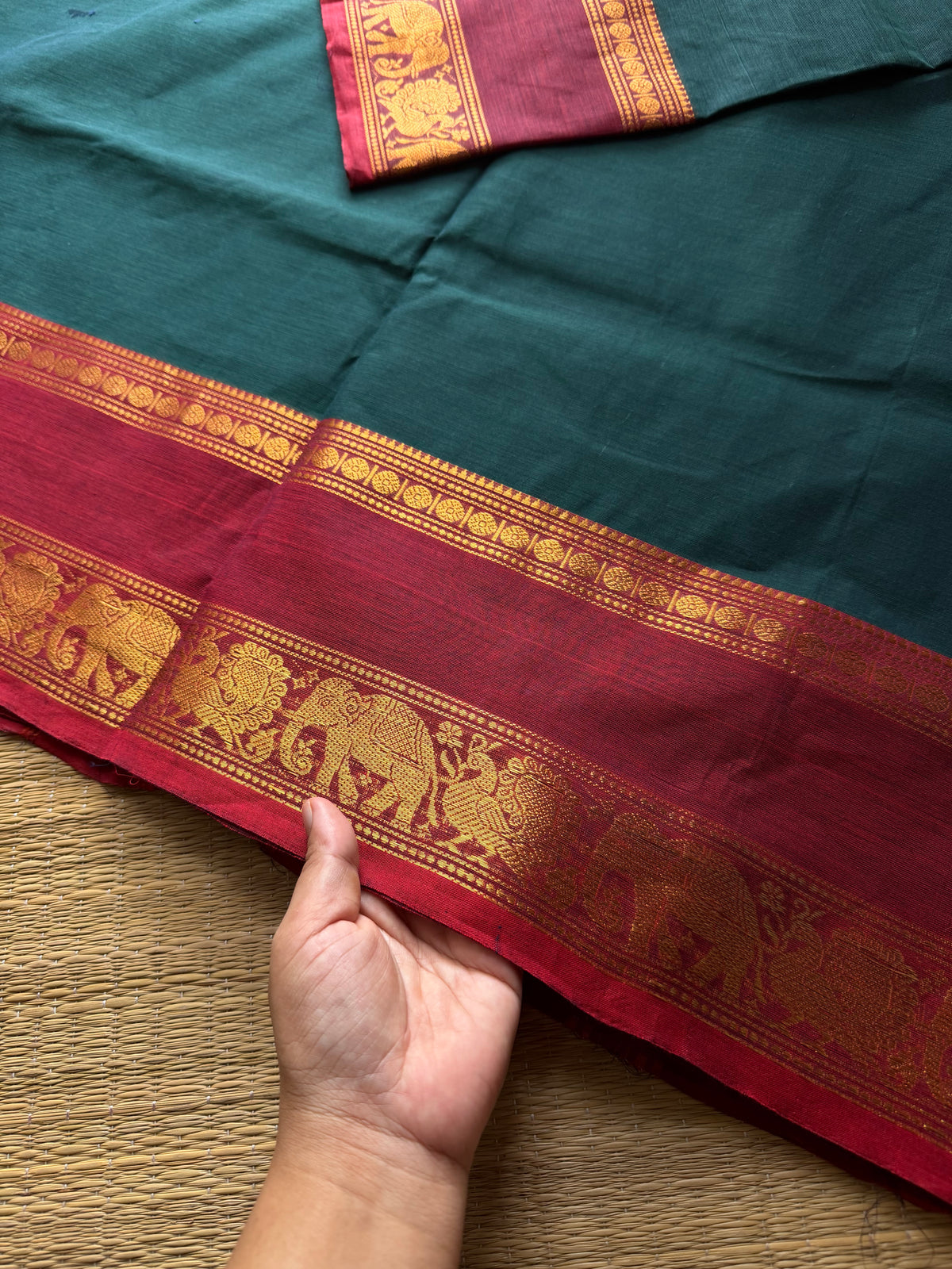 RF518 Dark Teal Green With Maroon Combination Silk Saree Inspired Kanchi Cotton Saree with Annam and elephant pattern