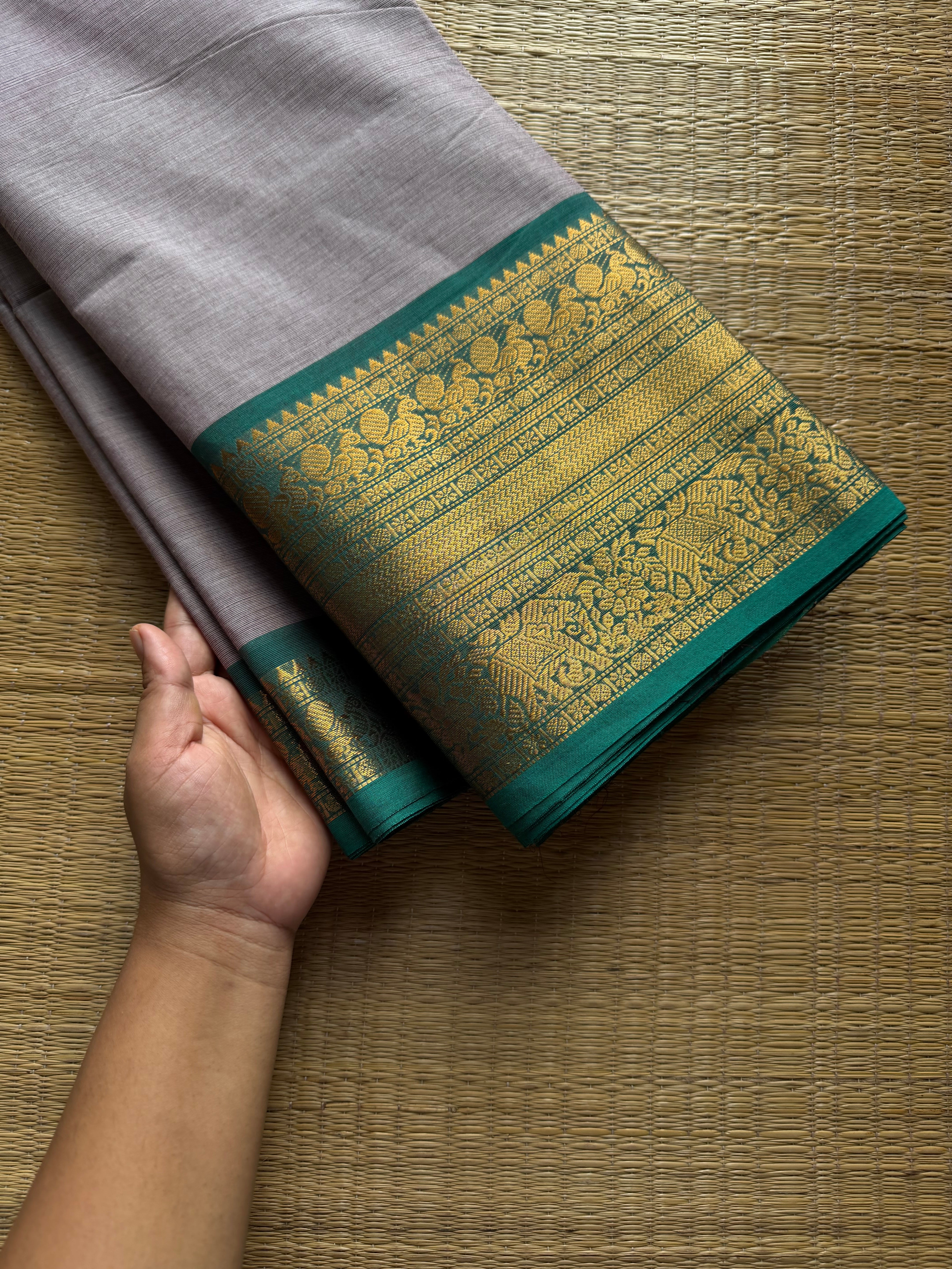 RF1121 Light grey with teal green ~ Kanchi Cotton Saree