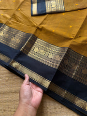RF703 Mustard with black combination Kanchi cotton saree with handmade thread buttas