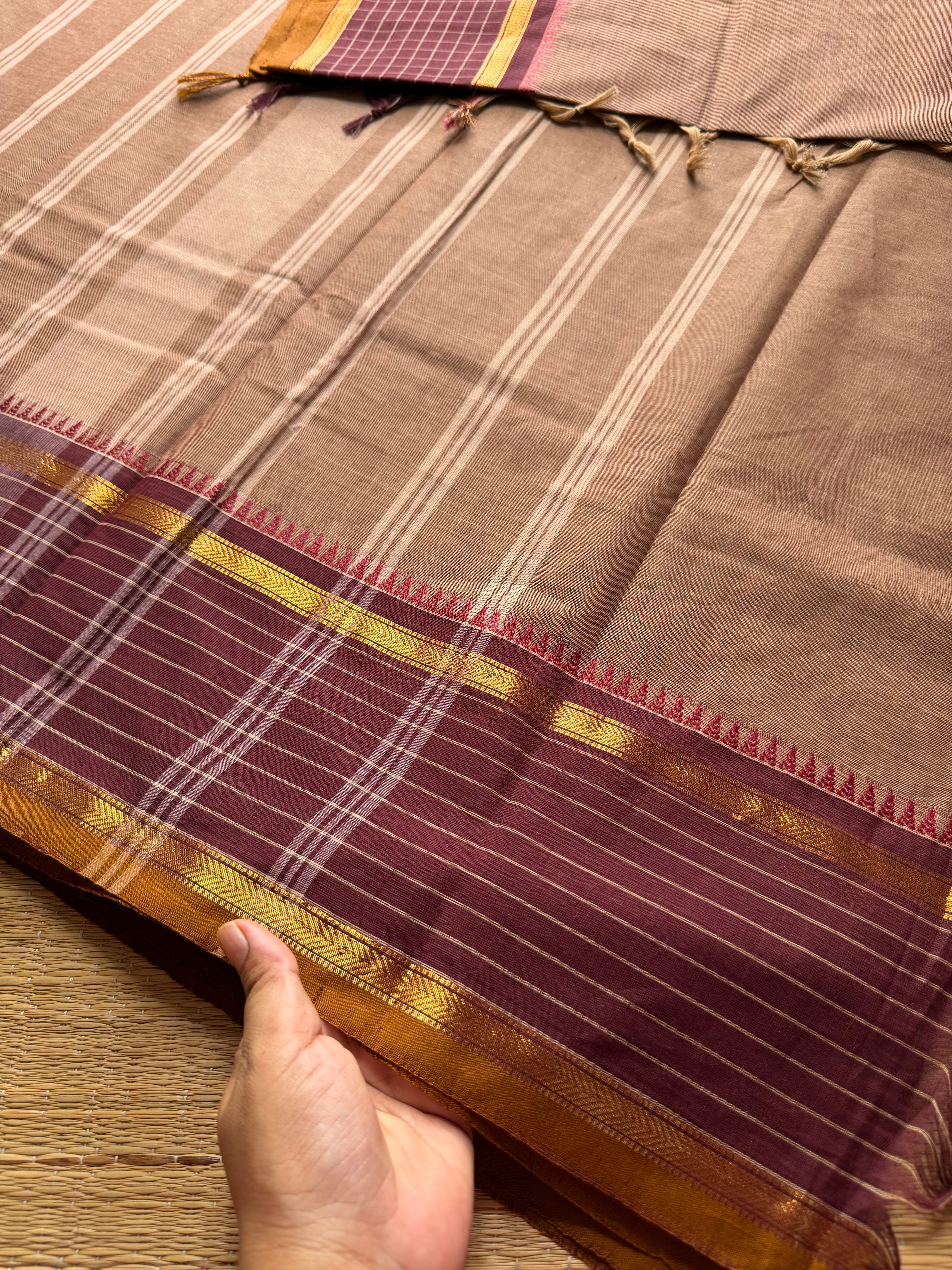 RF374 Biscuit with brown combination vintage border Kattam / checks pattern Kanchi cotton saree