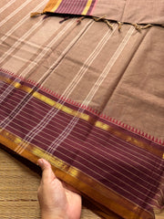 RF374 Biscuit with brown combination vintage border Kattam / checks pattern Kanchi cotton saree