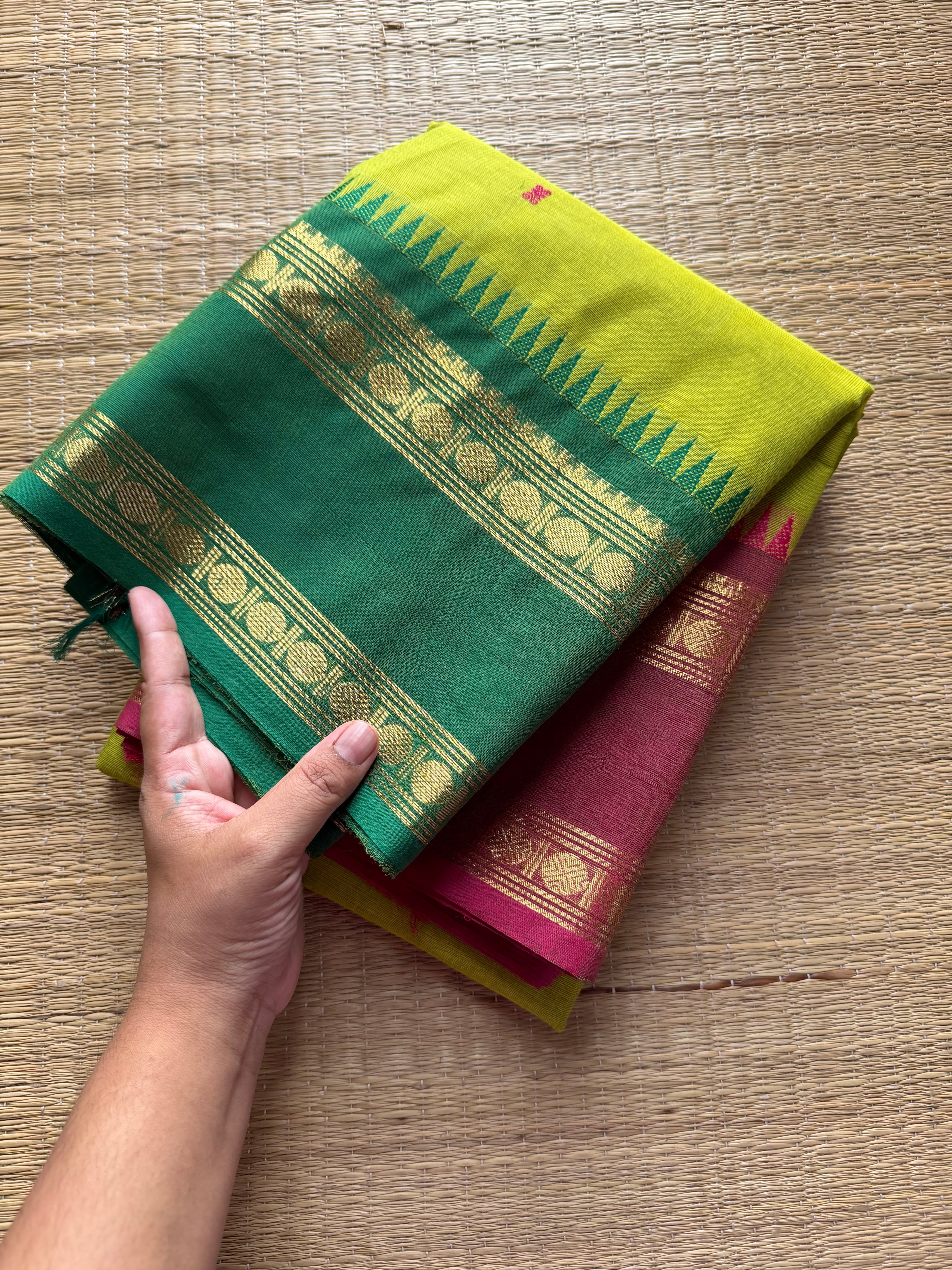 RF290 Dual tone parrot green shade Kanchi cotton saree with Ganga Jamuna Rettapet Border & Handmade thread buttas