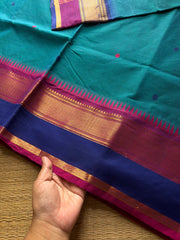RF740 Peacock blue shade Kanchi cotton saree with Ganga Jamuna border and handmade thread buttas