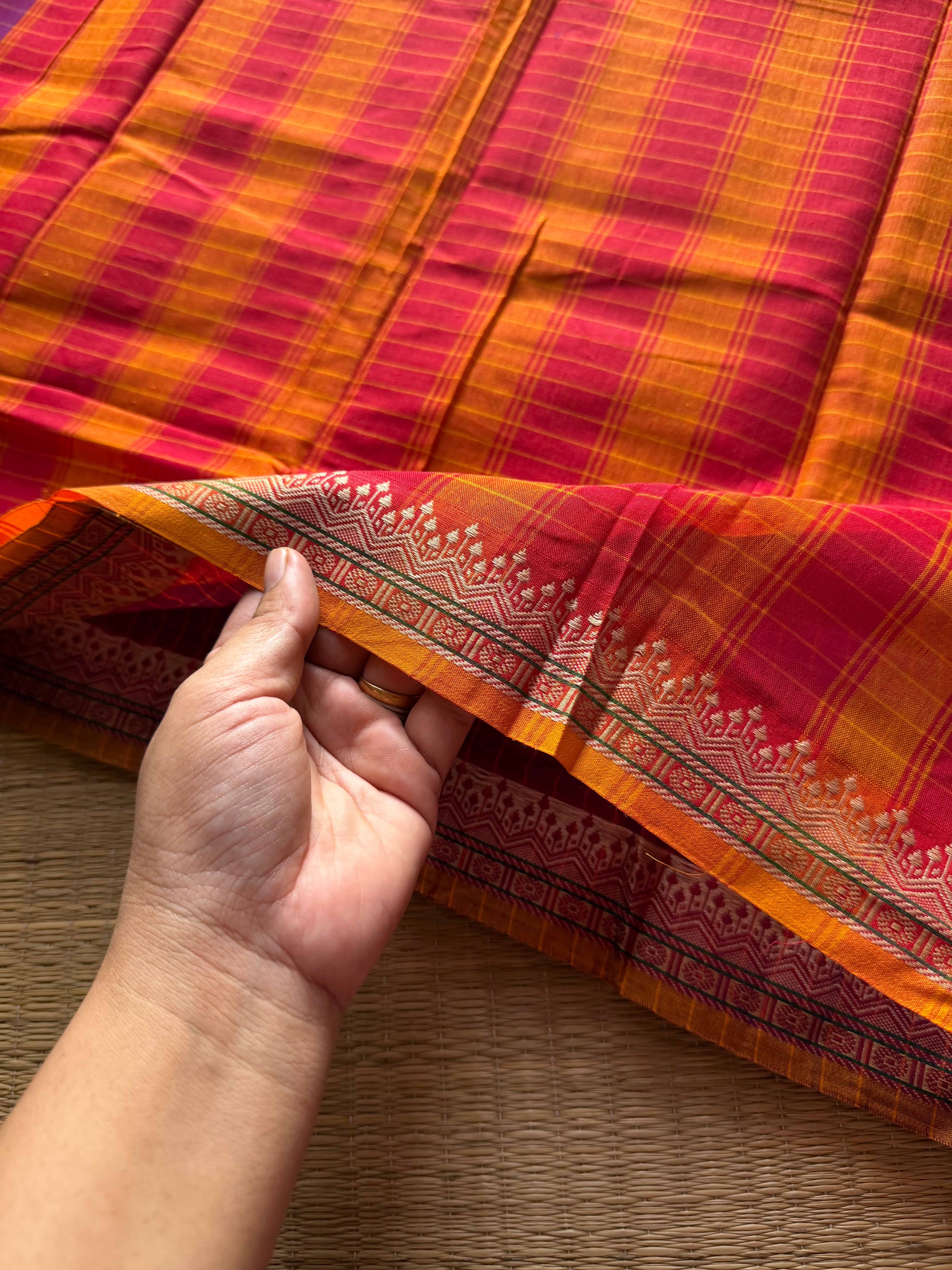 RF521 Magenta pink shade Mercerised Narayanpet cotton saree with contrast small border and checks / kattam pattern
