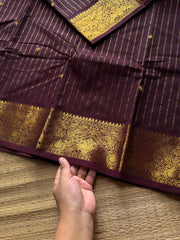Monotone dark coffee brown shade Classic & Intricate zari woven Vanasingaram Border with vairaoosi pattern & handmade Zari Buttas