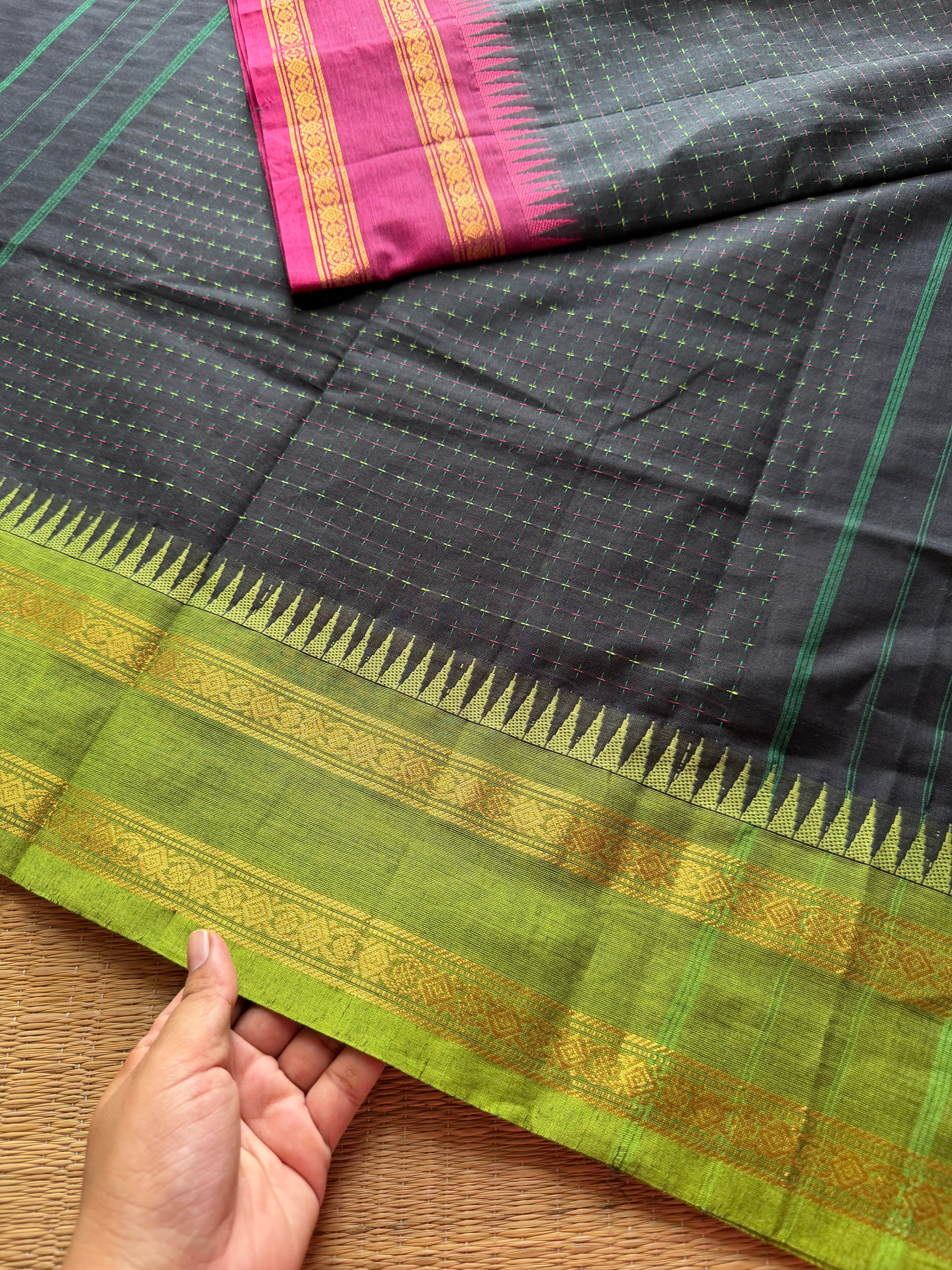 RF347 Black with contrast magenta pink and green combination Ganga Jamuna border