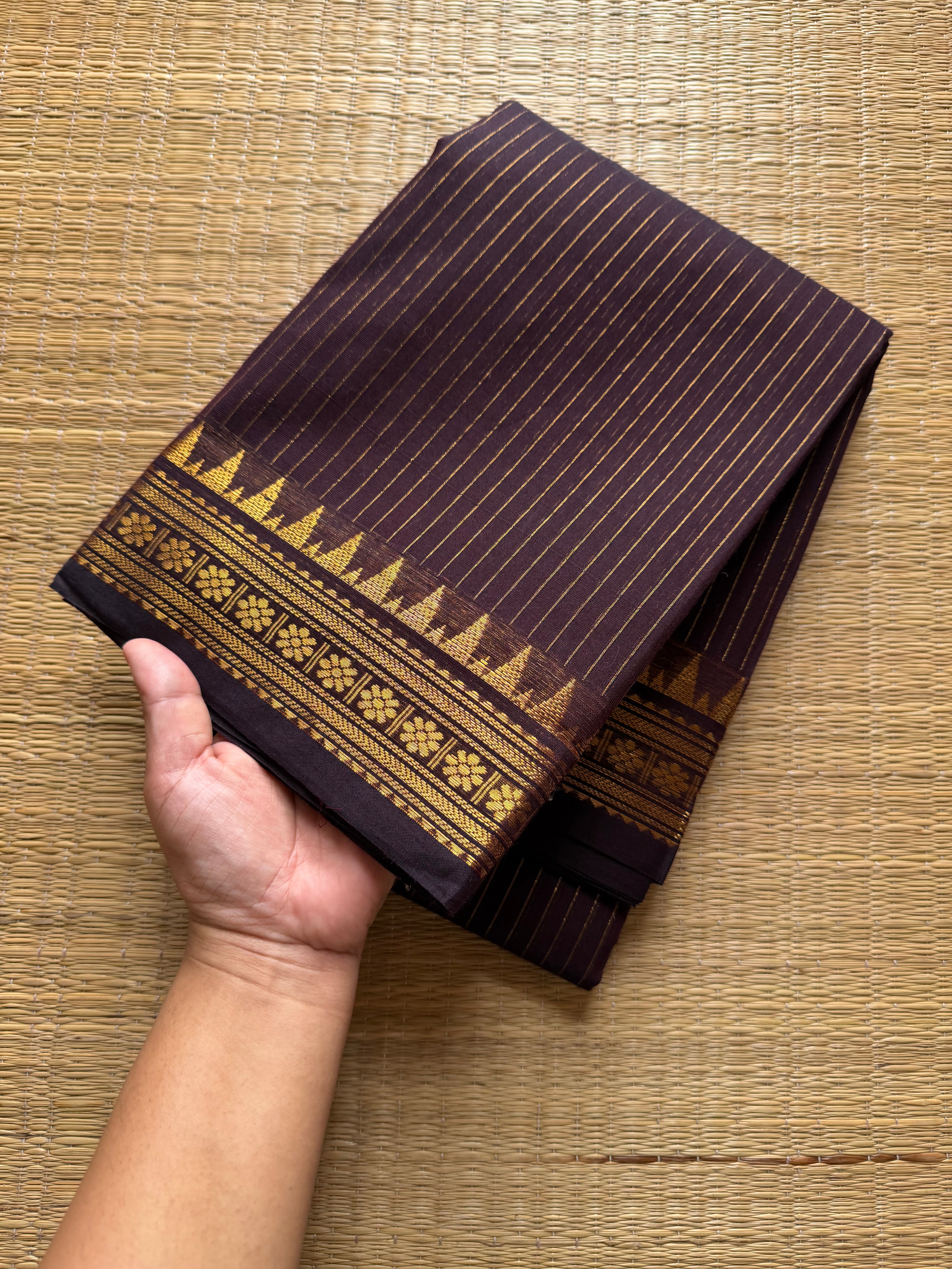 RF481 Monotone Coffee brown shade Kanchi cotton saree with silk saree inspired fully Vaira Oosi pattern and small golden Zari border