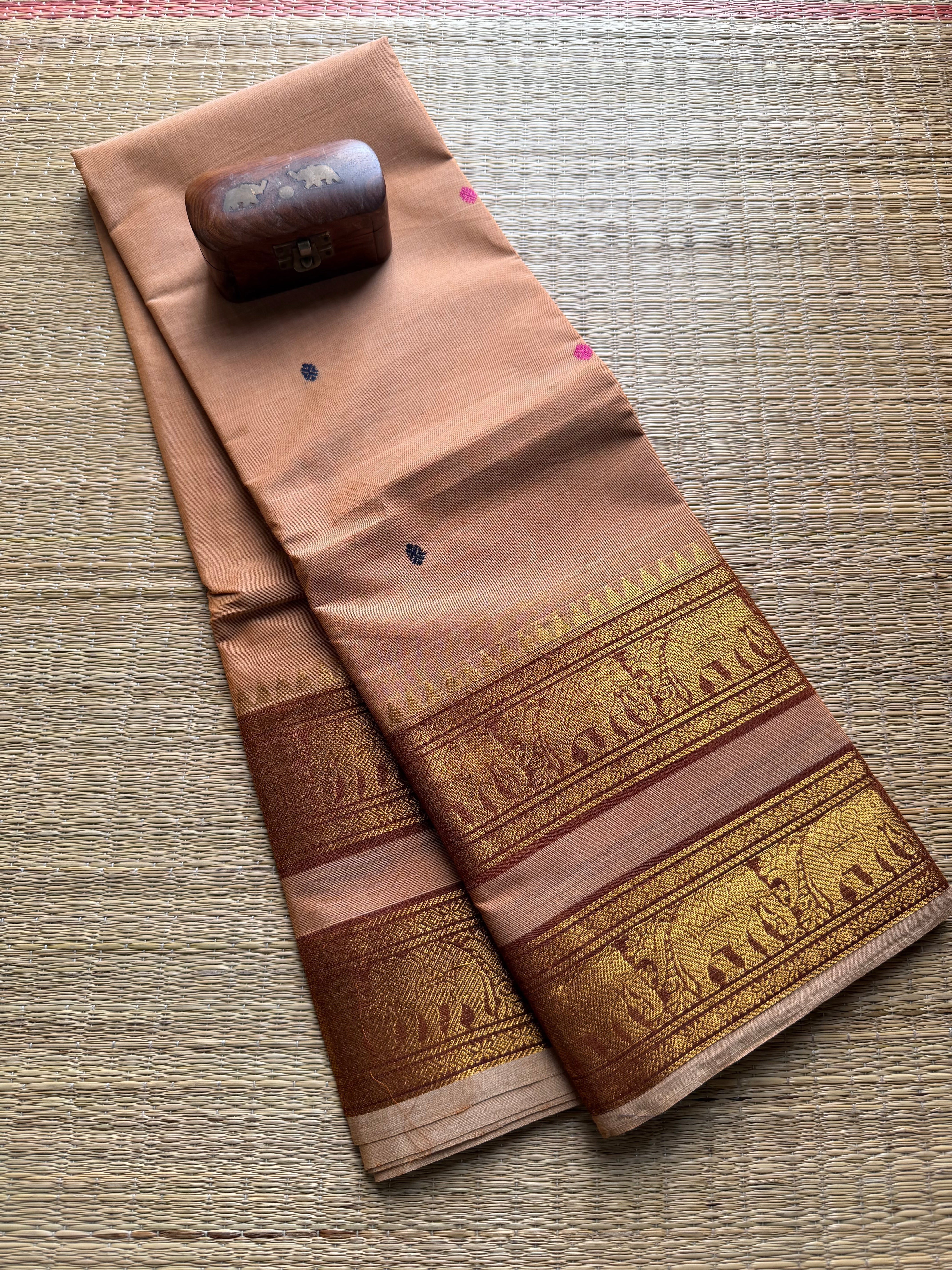 Dual Tone Biscuit Kanchi Cotton Saree With Retta Patta Border & Handmade Thread Buttas