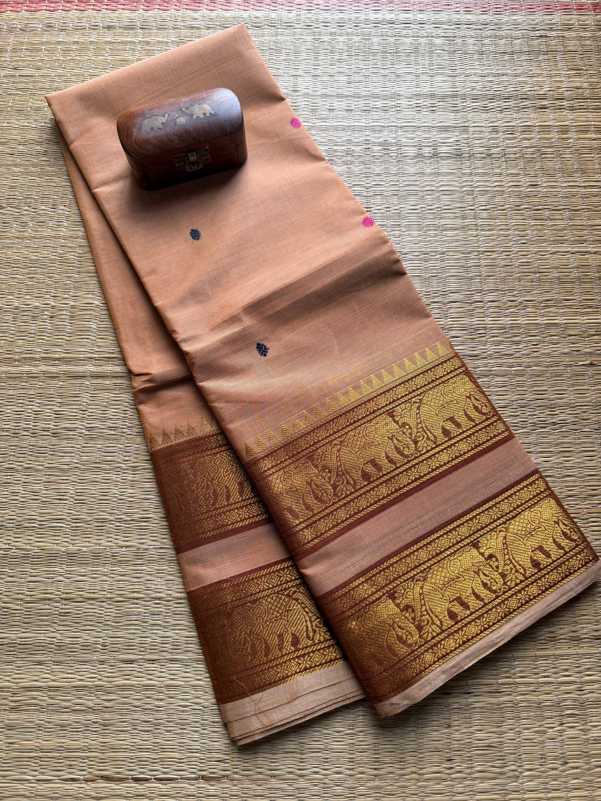 Dual Tone Biscuit Kanchi Cotton Saree With Retta Patta Border & Handmade Thread Buttas