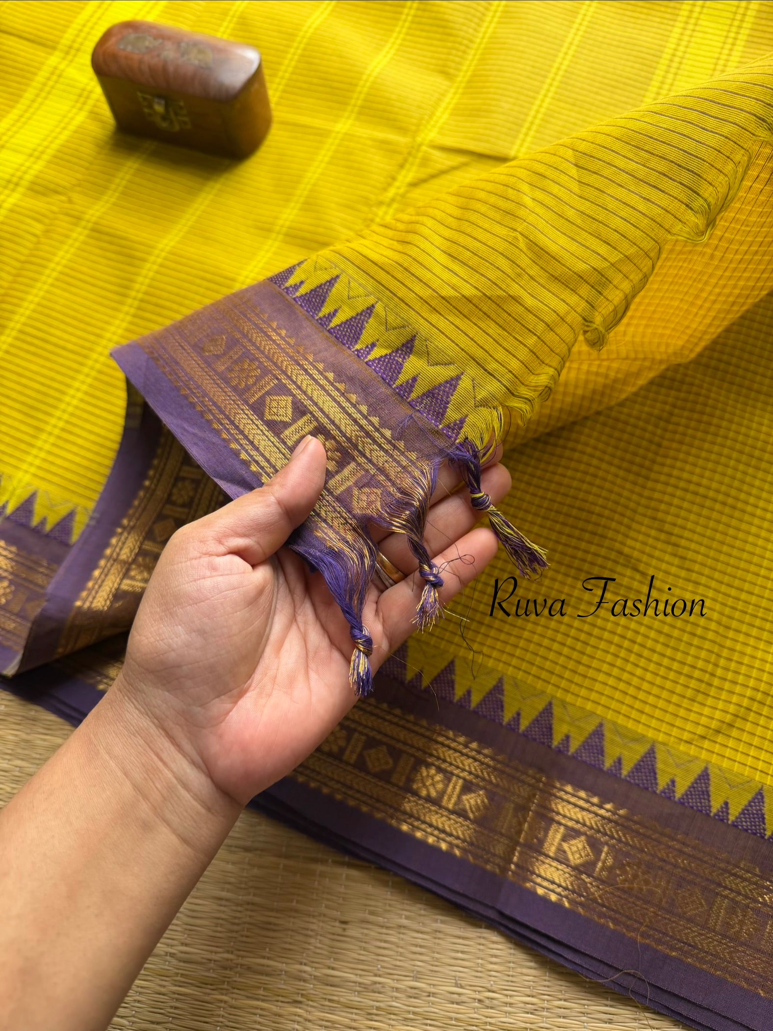 RF108 Mustard Yellow with purple shade combination vintage style Podi Kattam / small checks Kanchi cotton saree