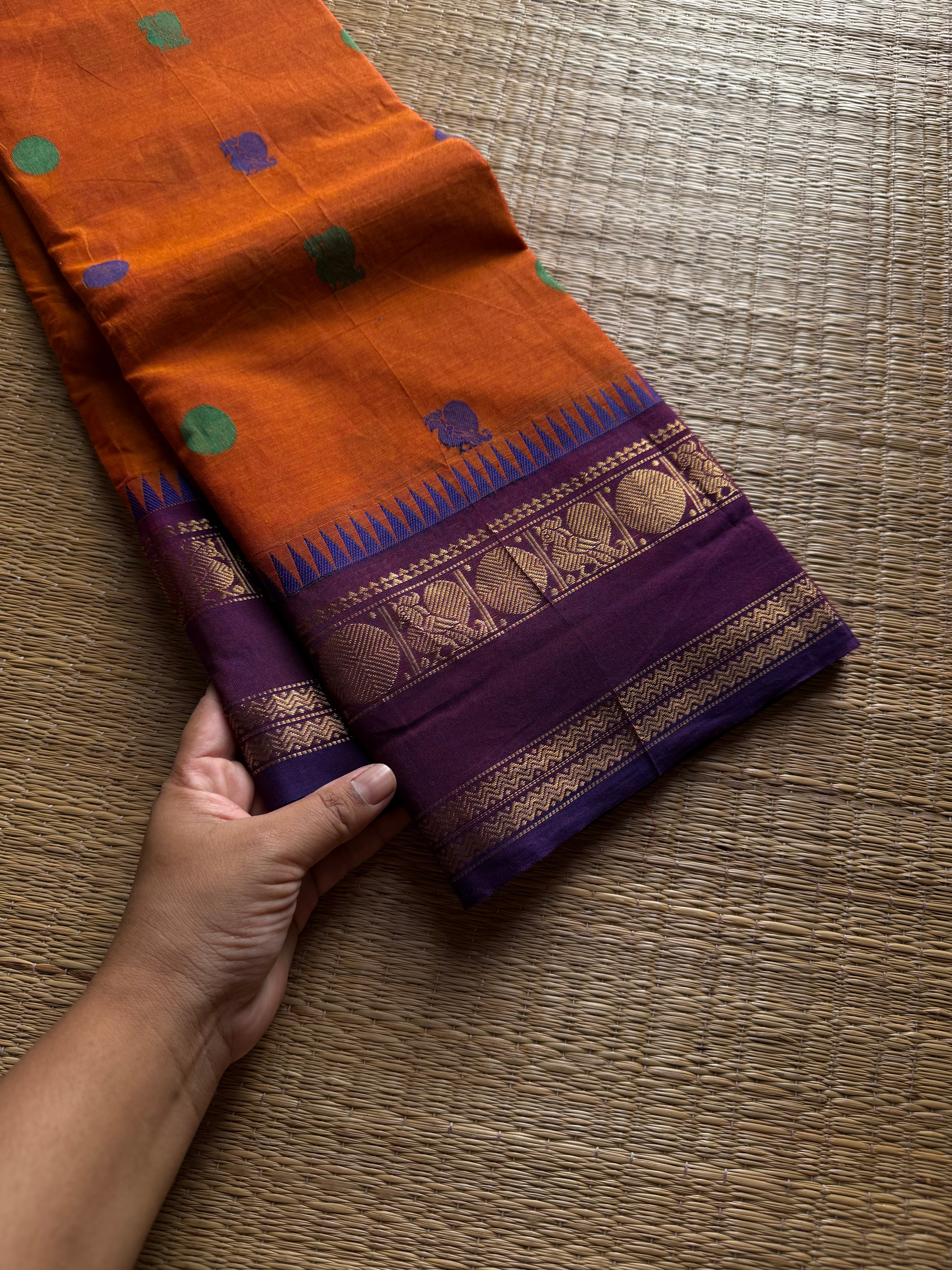RF1396 Orange ~ Premium Rich Pallu Kanchi cotton saree with Annam pattern gap border
