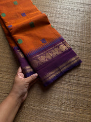 RF1396 Orange ~ Premium Rich Pallu Kanchi cotton saree with Annam pattern gap border