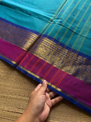 RF897 Kanchi cotton saree with handmade thread buttas ~ Peacock blue shade