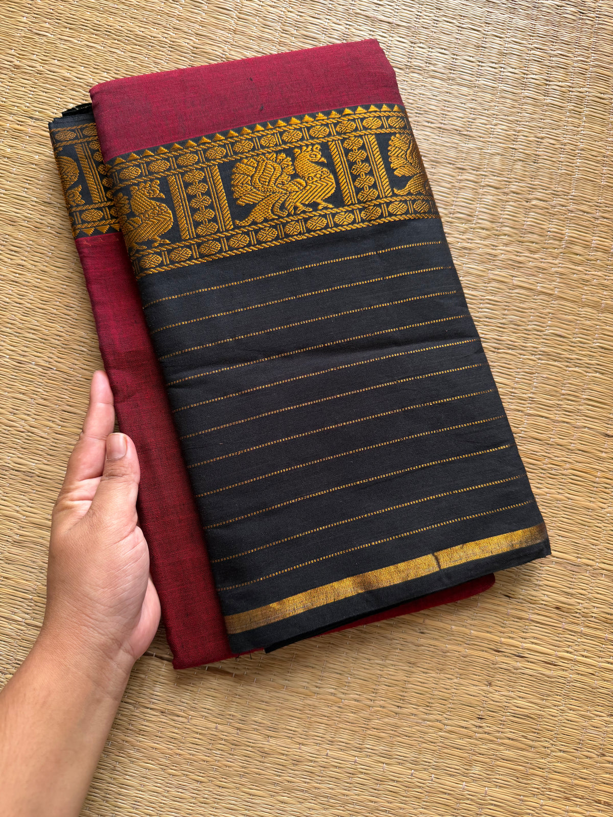 RF615 Maroon with black combination Narayanpet long / big border saree