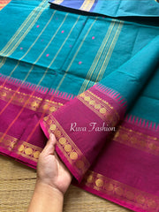 Peacock Blue shade Kanchi cotton Saree With Ganga Jamuna Rettapet border
