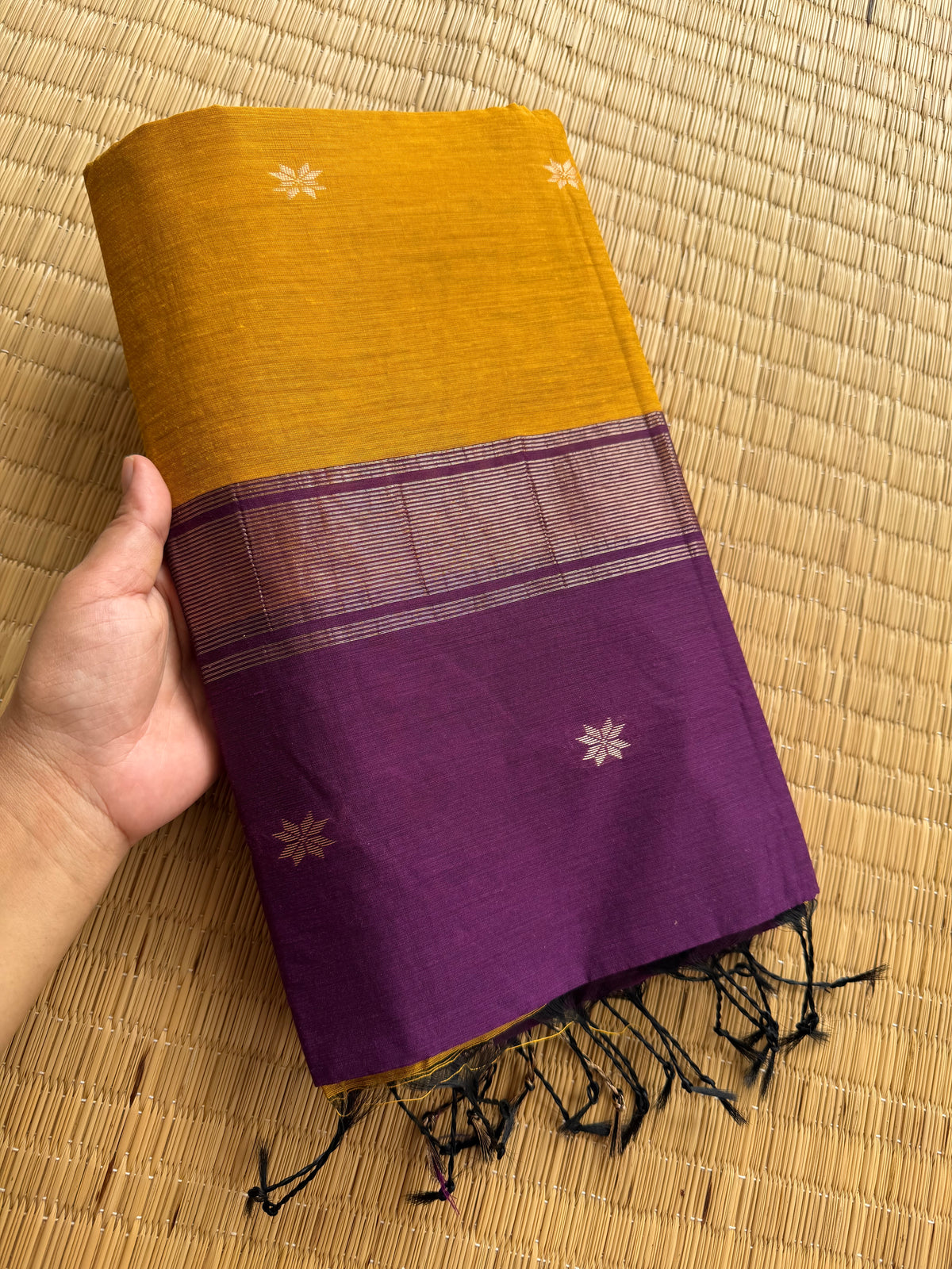 RF155 Mustard yellow body paired with a deep purple contrast border and pallu Maheswari Semi Silk Cotton Saree with star pattern Zari Buttas