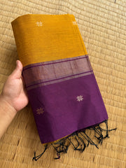 RF155 Mustard yellow body paired with a deep purple contrast border and pallu Maheswari Semi Silk Cotton Saree with star pattern Zari Buttas