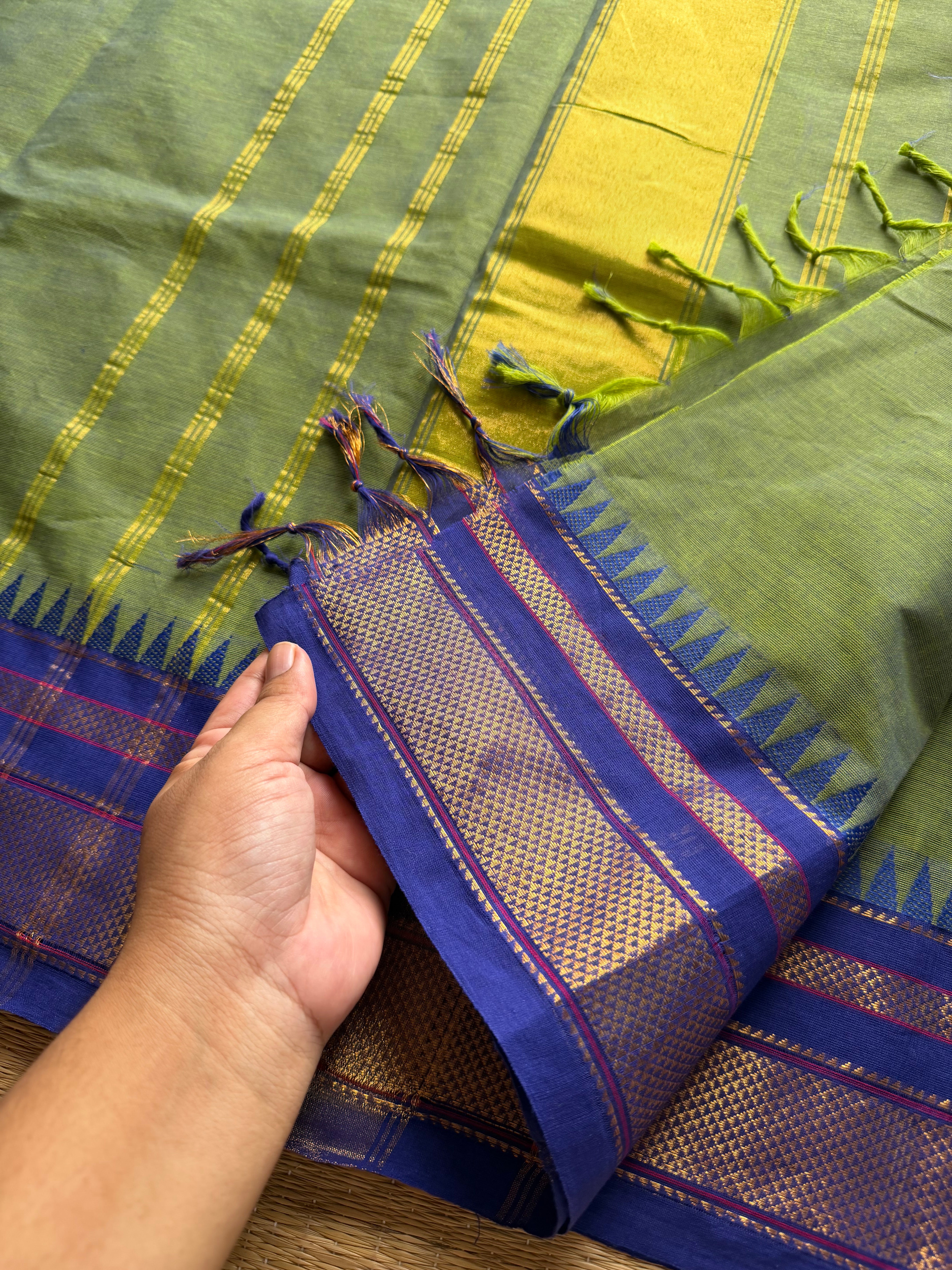 RF186 Dual Tone Green Shade with Royal Blue Combination Kanchi Cotton saree