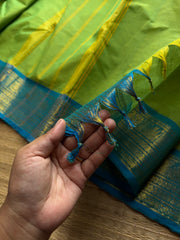 RF974 Green with sky blue combination Kanchi cotton saree with Annam and mango pattern border