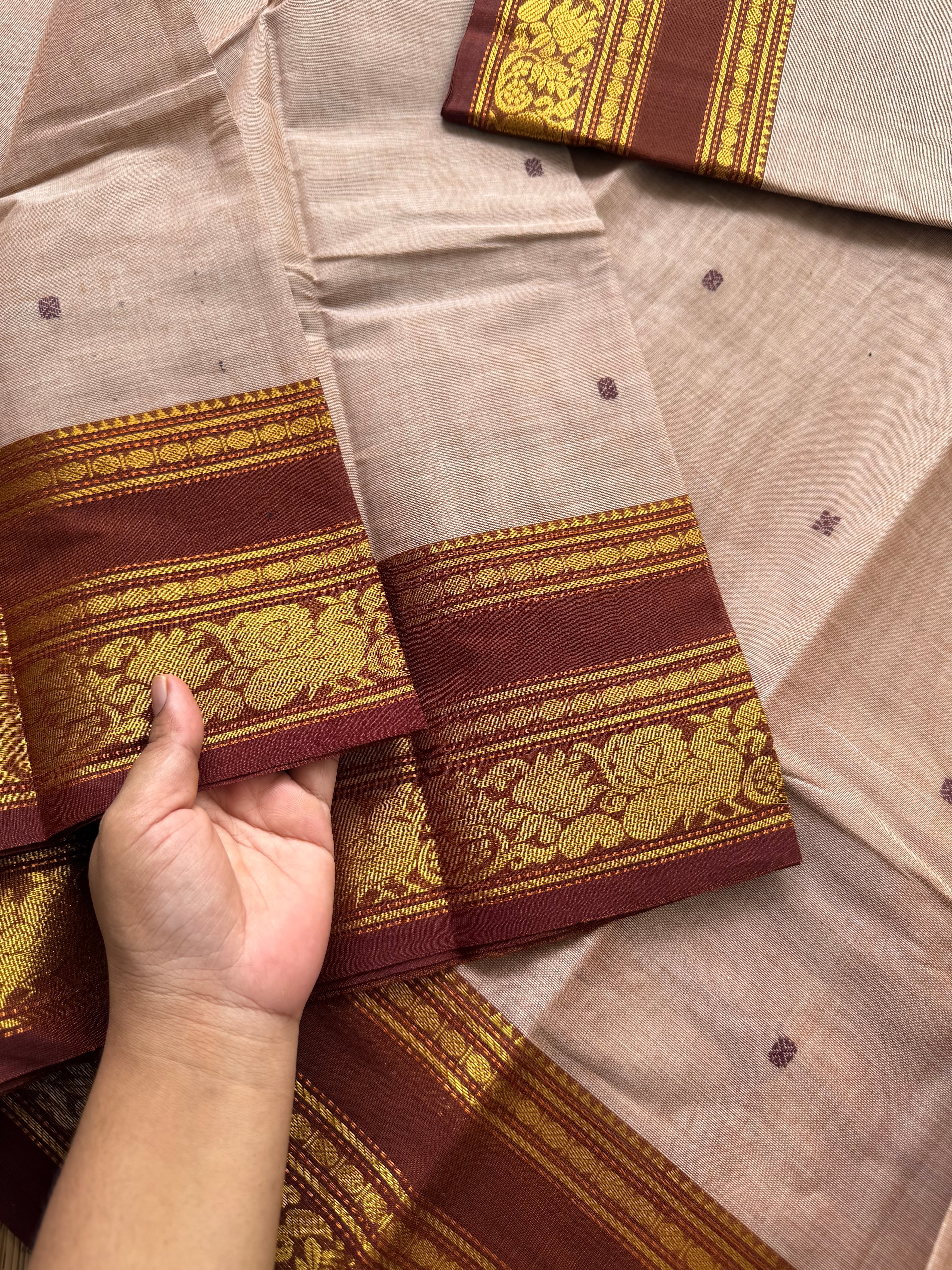 RF159 Silk Saree Inspired Cream shade Kanchi Cotton Saree with contrast Annam and lotus pattern Zari woven border