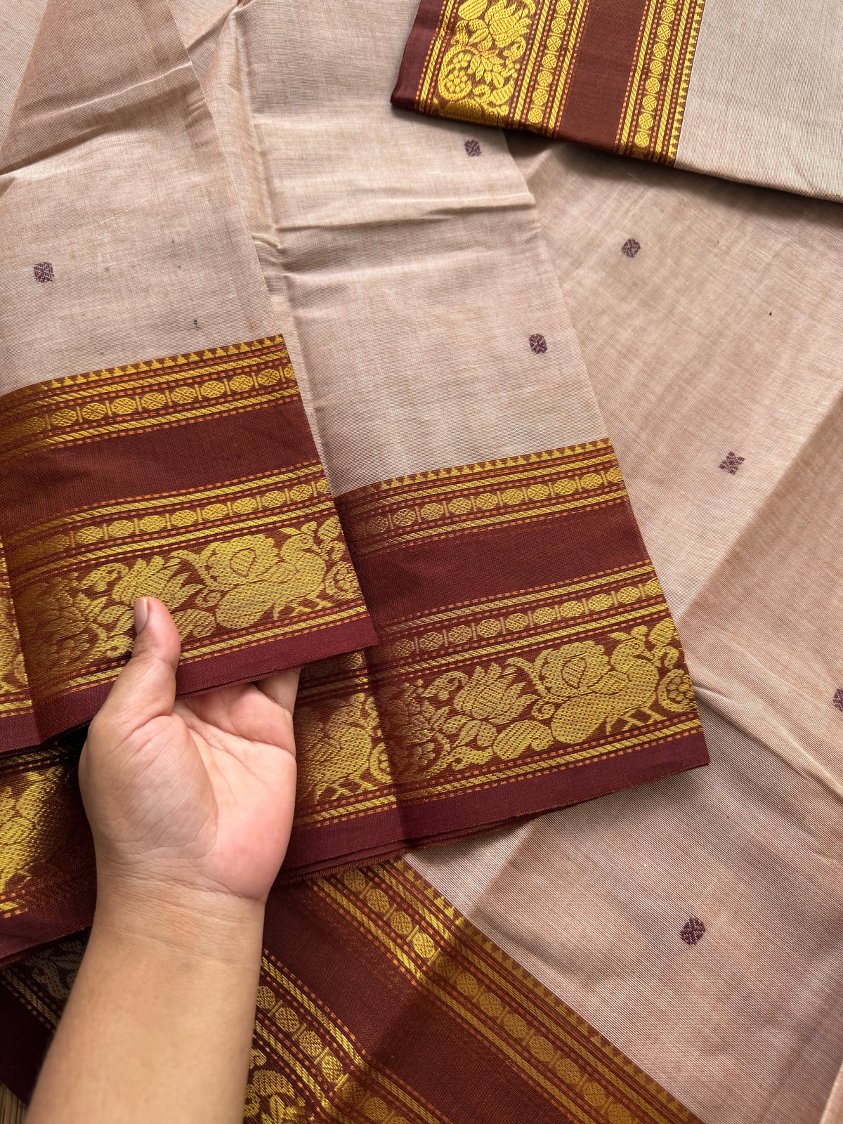 RF159 Silk Saree Inspired Cream shade Kanchi Cotton Saree with contrast Annam and lotus pattern Zari woven border