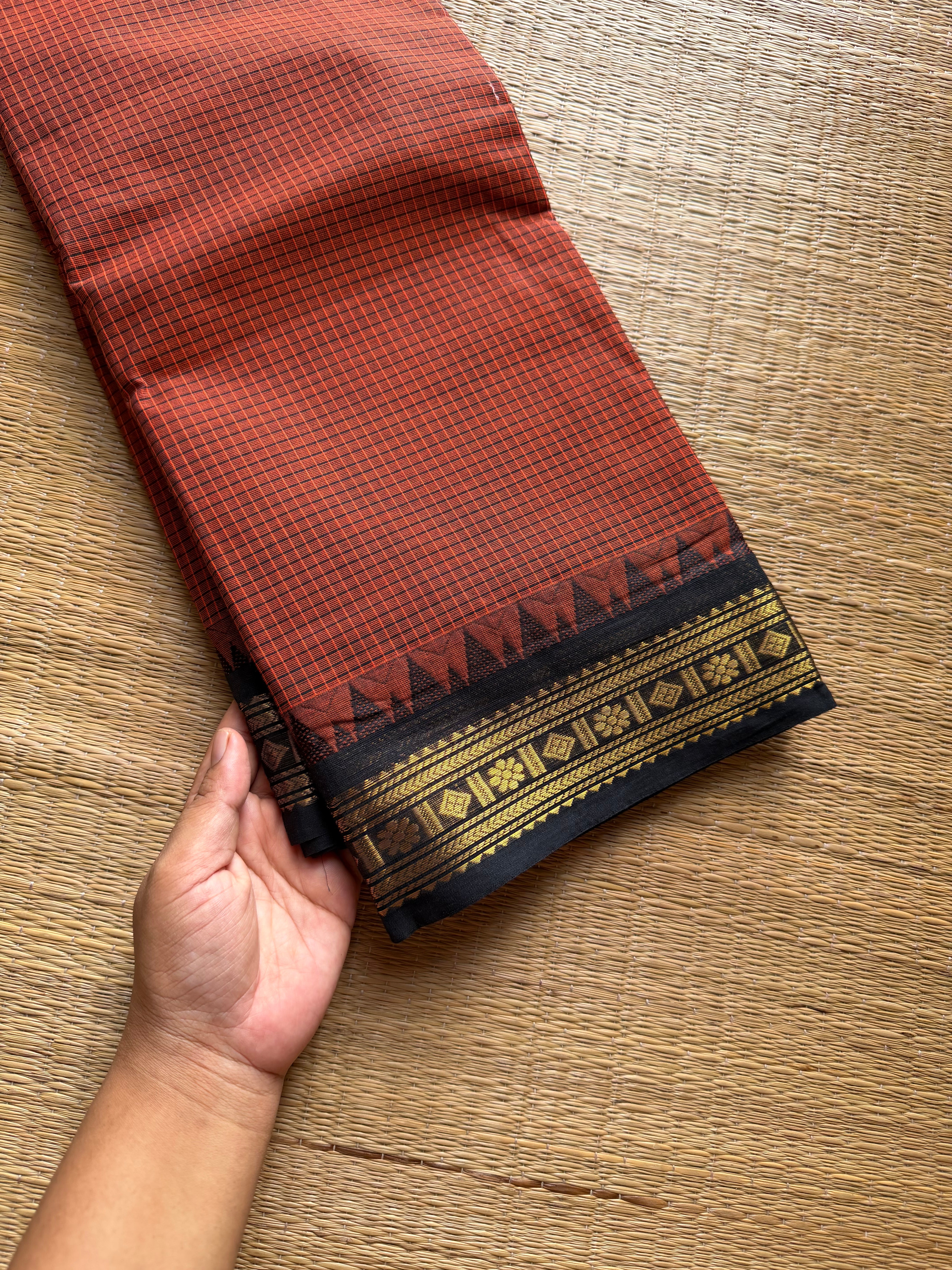 RF1070 Rust orange with black combination vintage Podikattam Kanchi cotton saree
