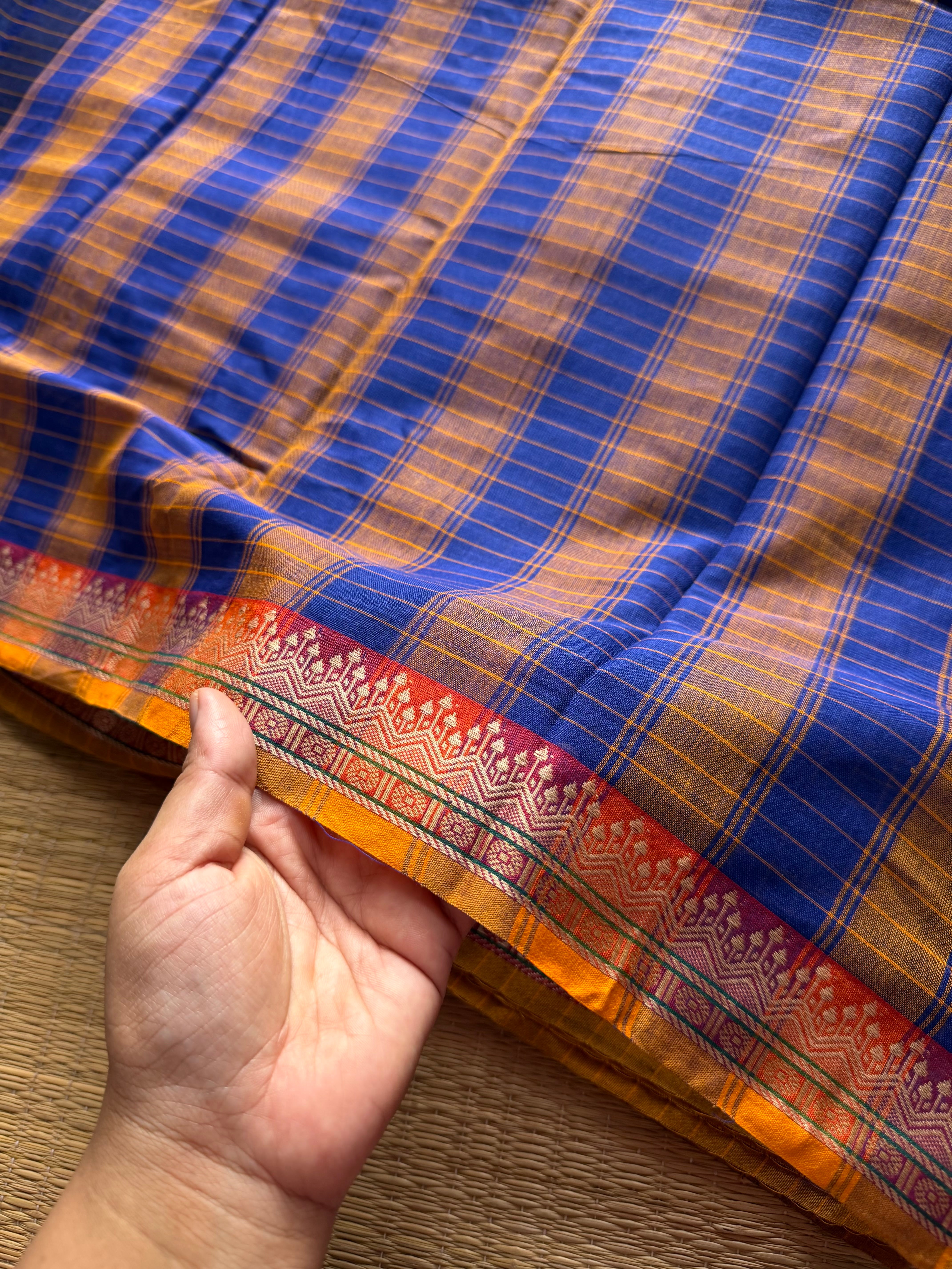 RF524 Dark Navy Blue Shade Mercerised Narayanpet cotton saree with contrast small border and checks / kattam pattern