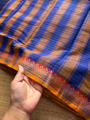 RF524 Dark Navy Blue Shade Mercerised Narayanpet cotton saree with contrast small border and checks / kattam pattern