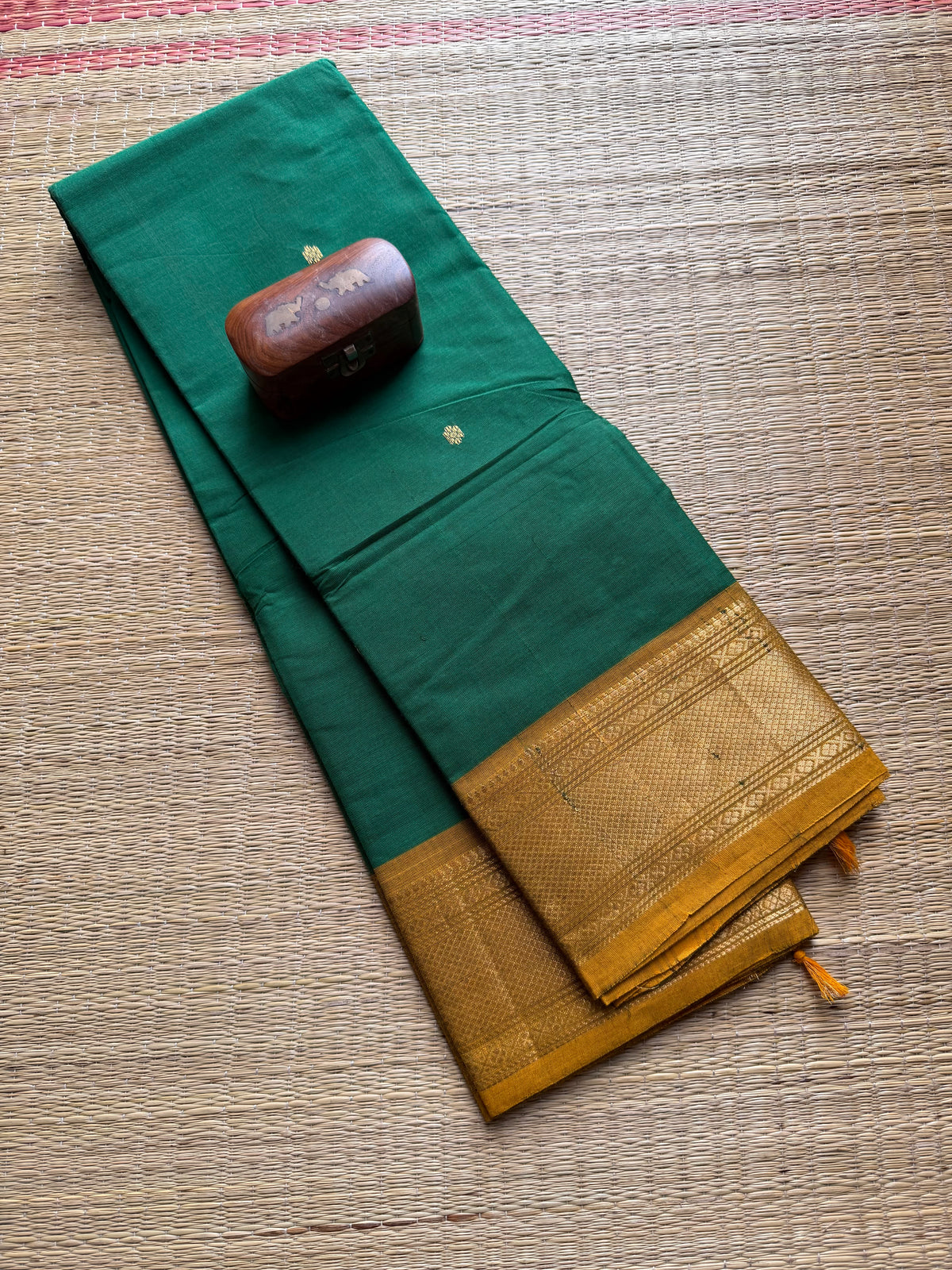 Green With Mustard Yellow Combination Kanchi Cotton Saree With Handmade Golden Zari Buttas