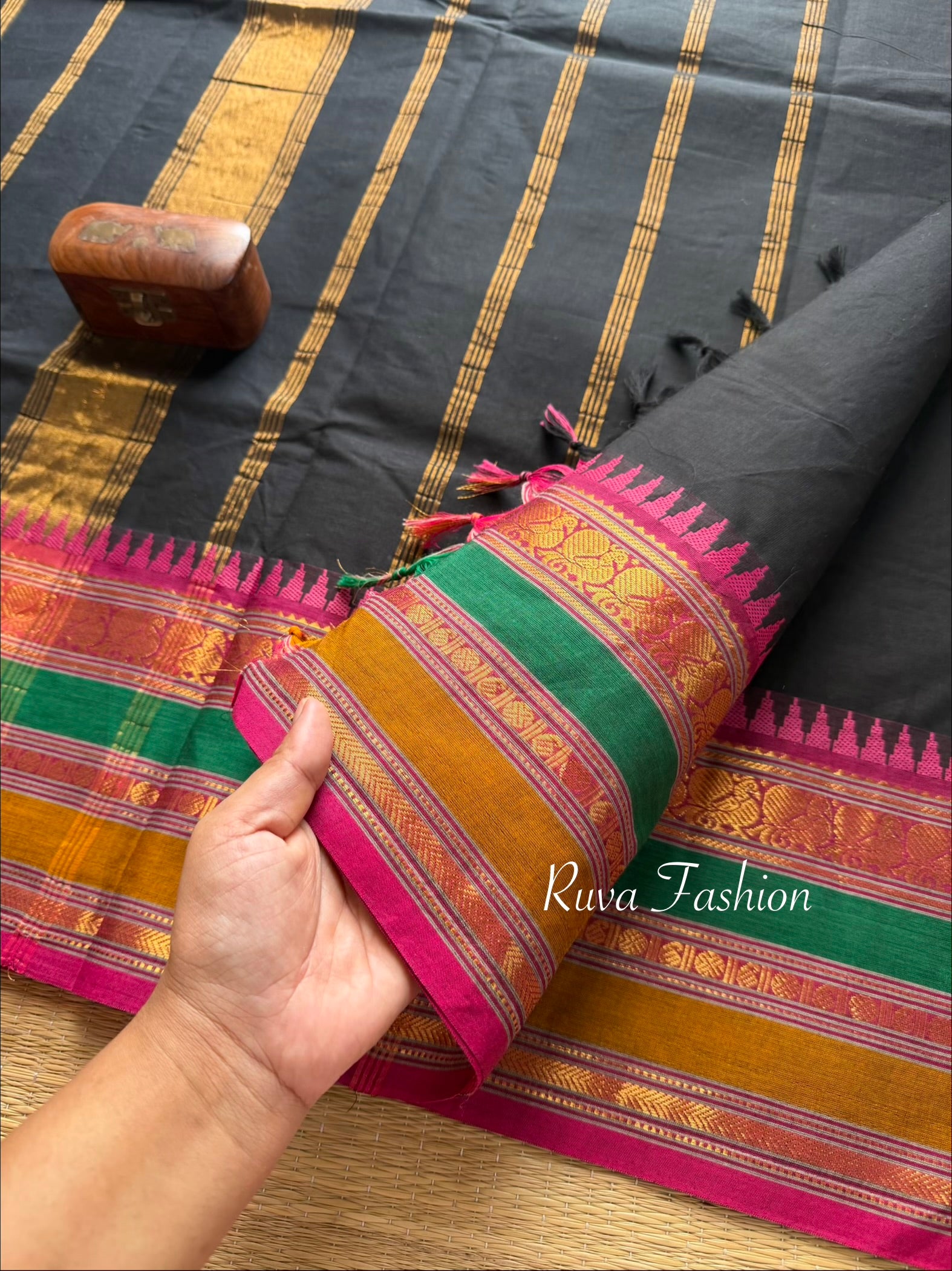 RF62 Unique black shade kanchi cotton saree with Multi color border
