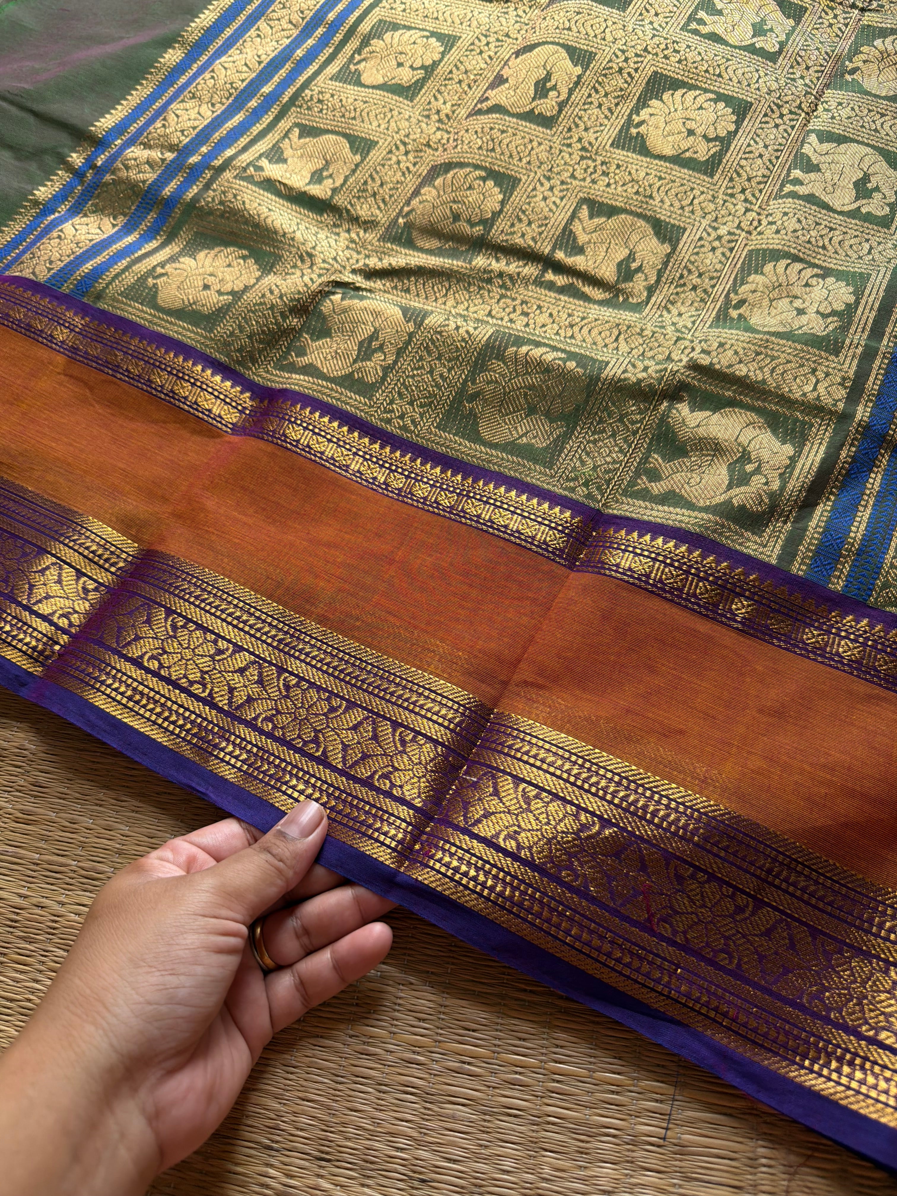 RF1354 Rich Pallu Kanchi Cotton Saree ~ Dual tone green gram shade
