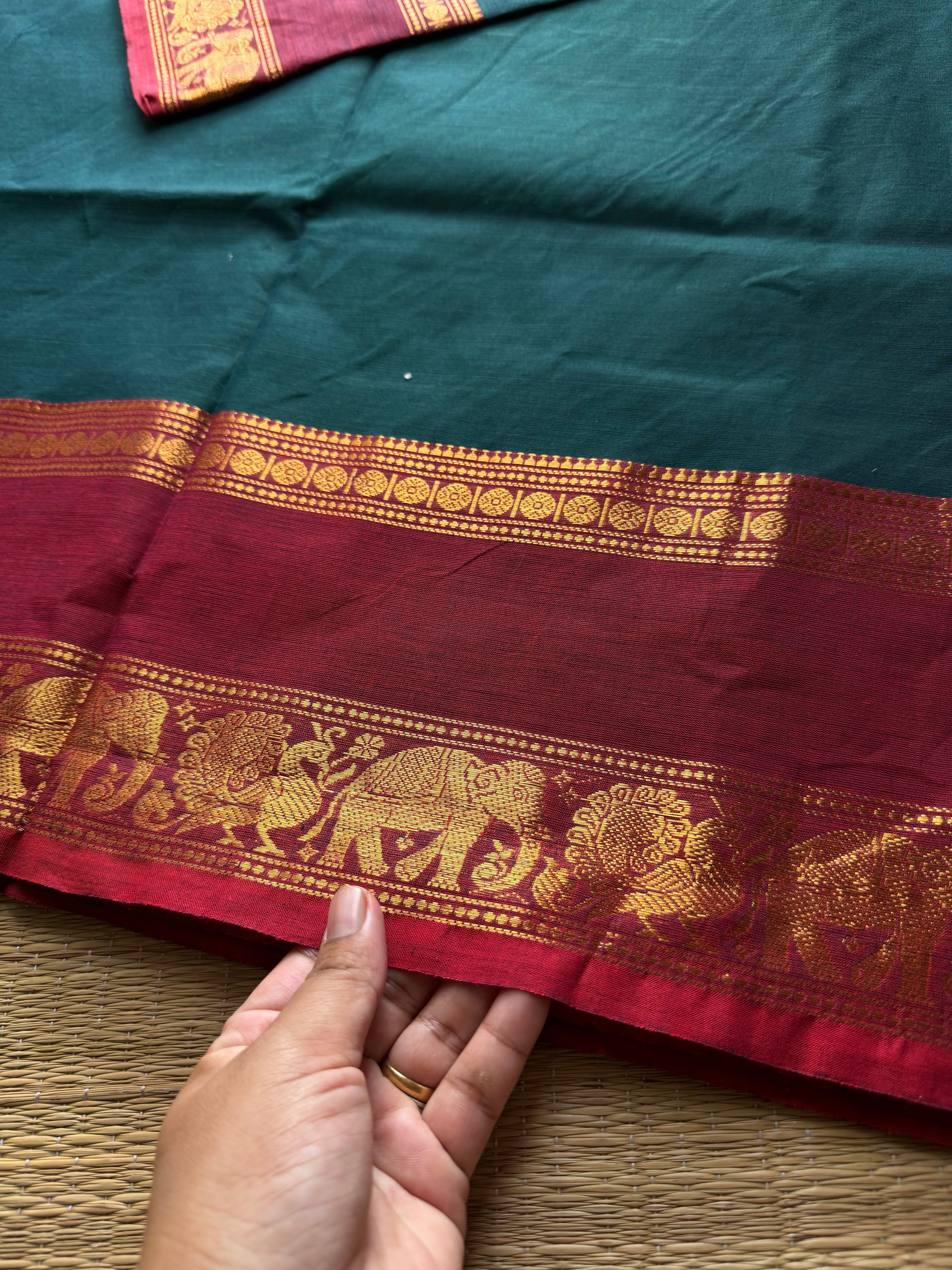 RF518 Dark Teal Green With Maroon Combination Silk Saree Inspired Kanchi Cotton Saree with Annam and elephant pattern
