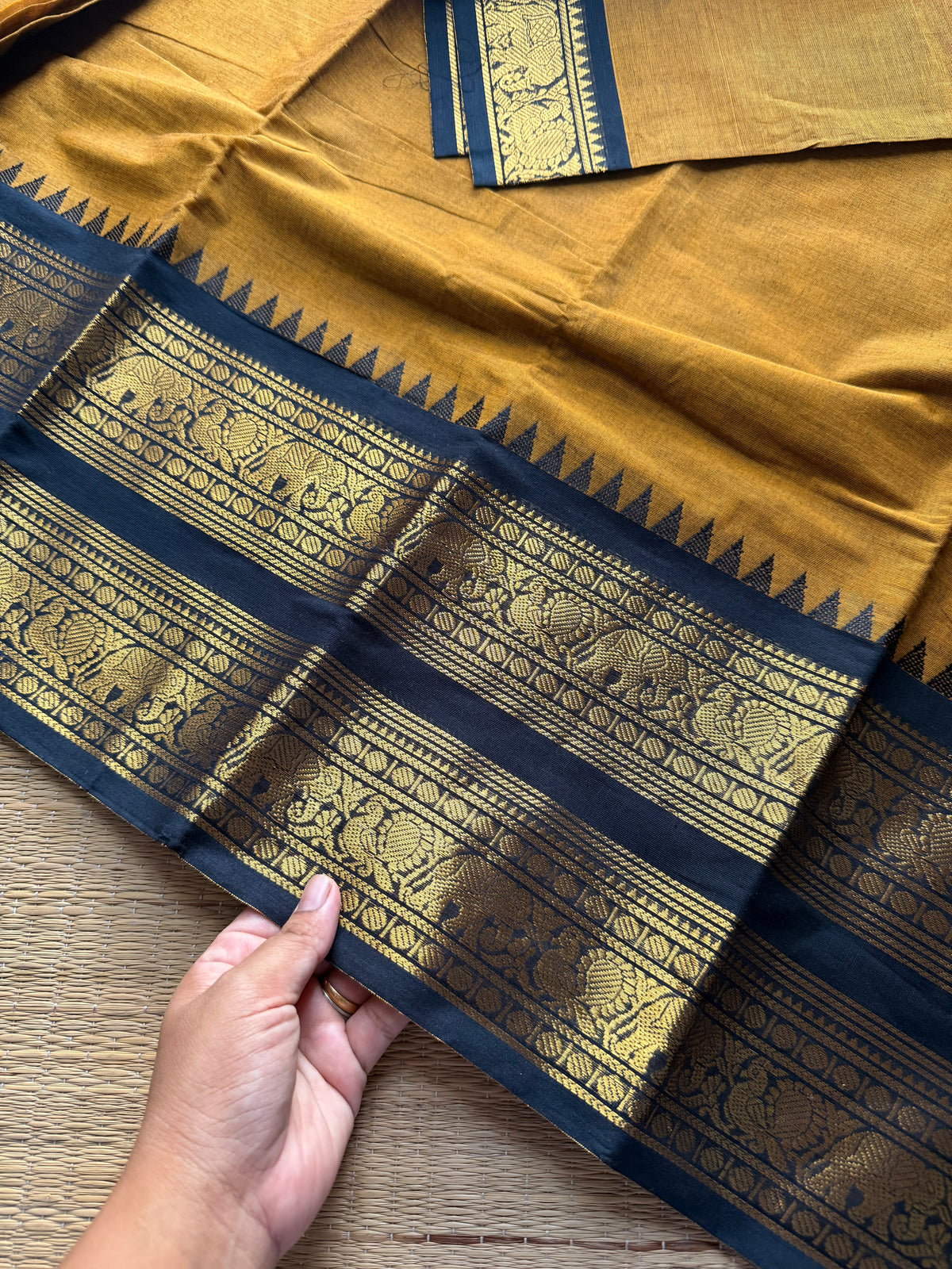 RF1016 Mustard with black combination Kanchi cotton saree with Rettapet border