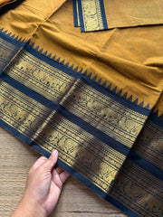 RF1016 Mustard with black combination Kanchi cotton saree with Rettapet border