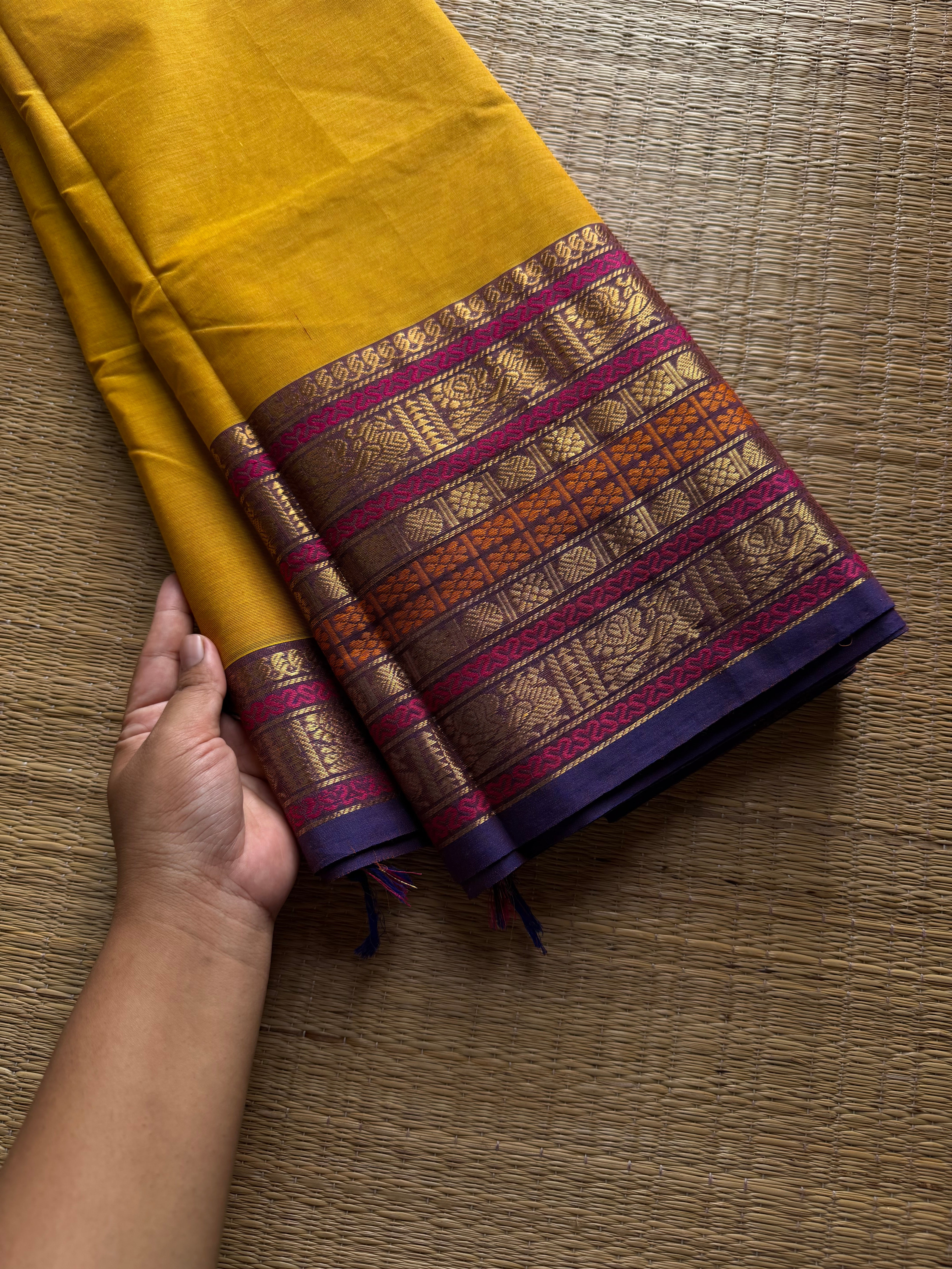 RF971 Mustard yellow shade Kanchi cotton saree with Varisaipet border