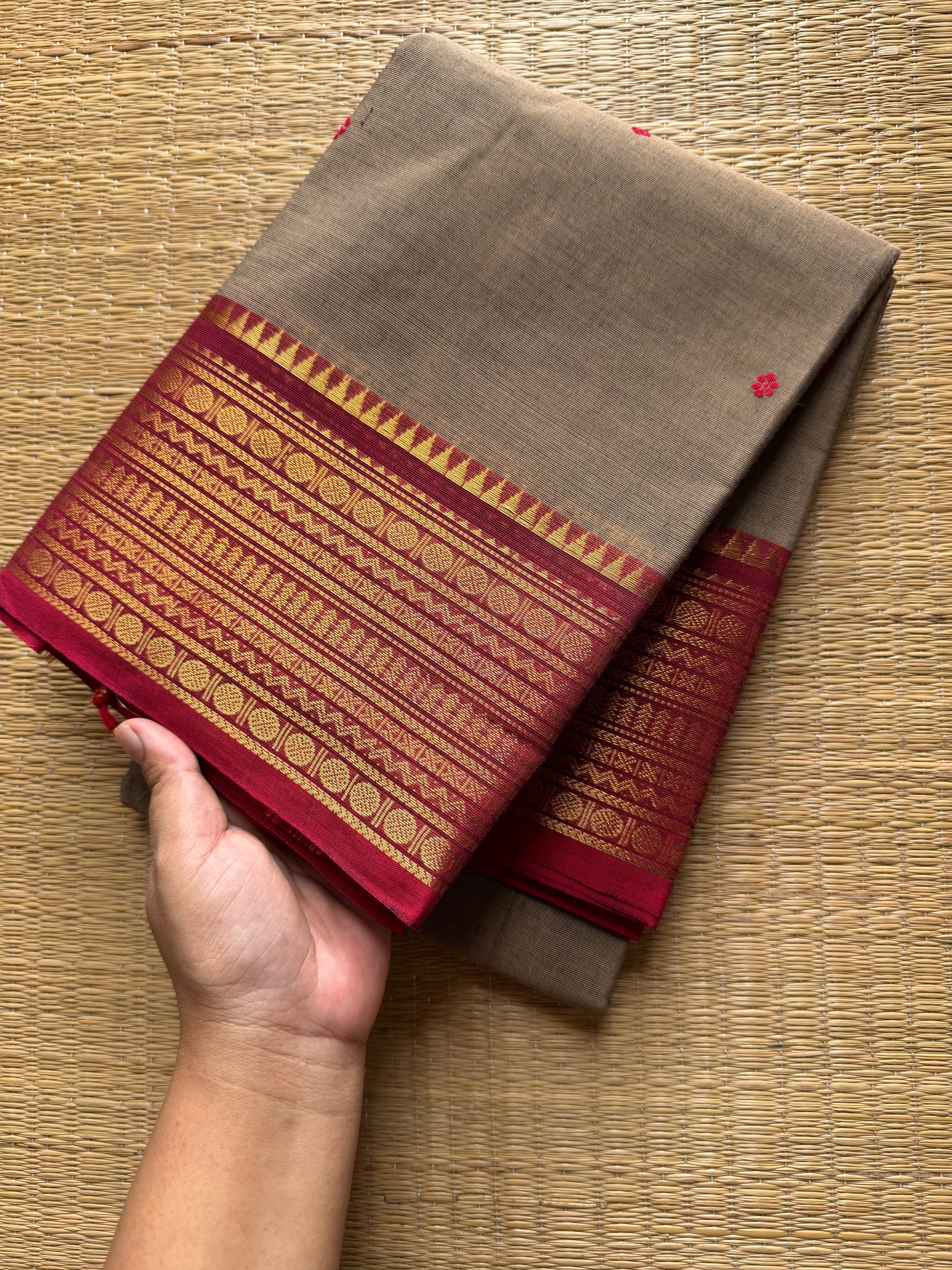 RF504 Grey with maroon combination Kanchi cotton saree with handmade thread buttas