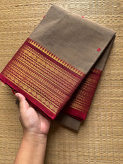 RF504 Grey with maroon combination Kanchi cotton saree with handmade thread buttas